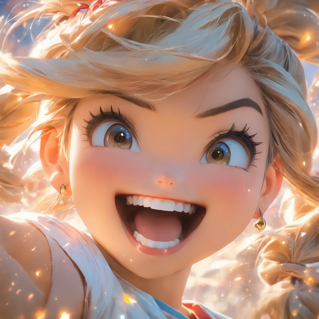 hyper photorealism, god light, Fuji colors, hyper HD, Super detail, 16k,head portrait,A slightly chubby Korean girl,laughing very happily,pony tails,light make-up,sideface