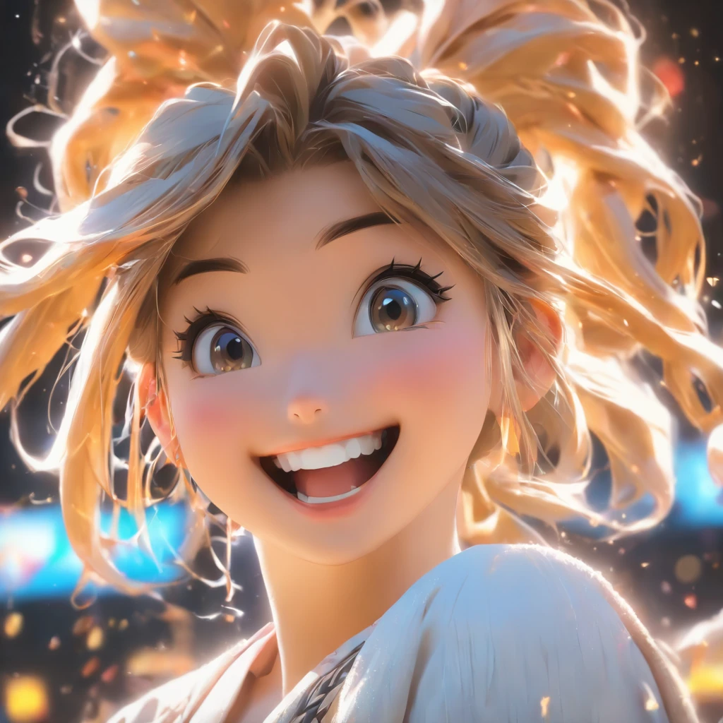 hyper photorealism, god light, Fuji colors, hyper HD, Super detail, 16k,head portrait,A slightly chubby Korean girl,laughing very happily,pony tails,light make-up,sideface