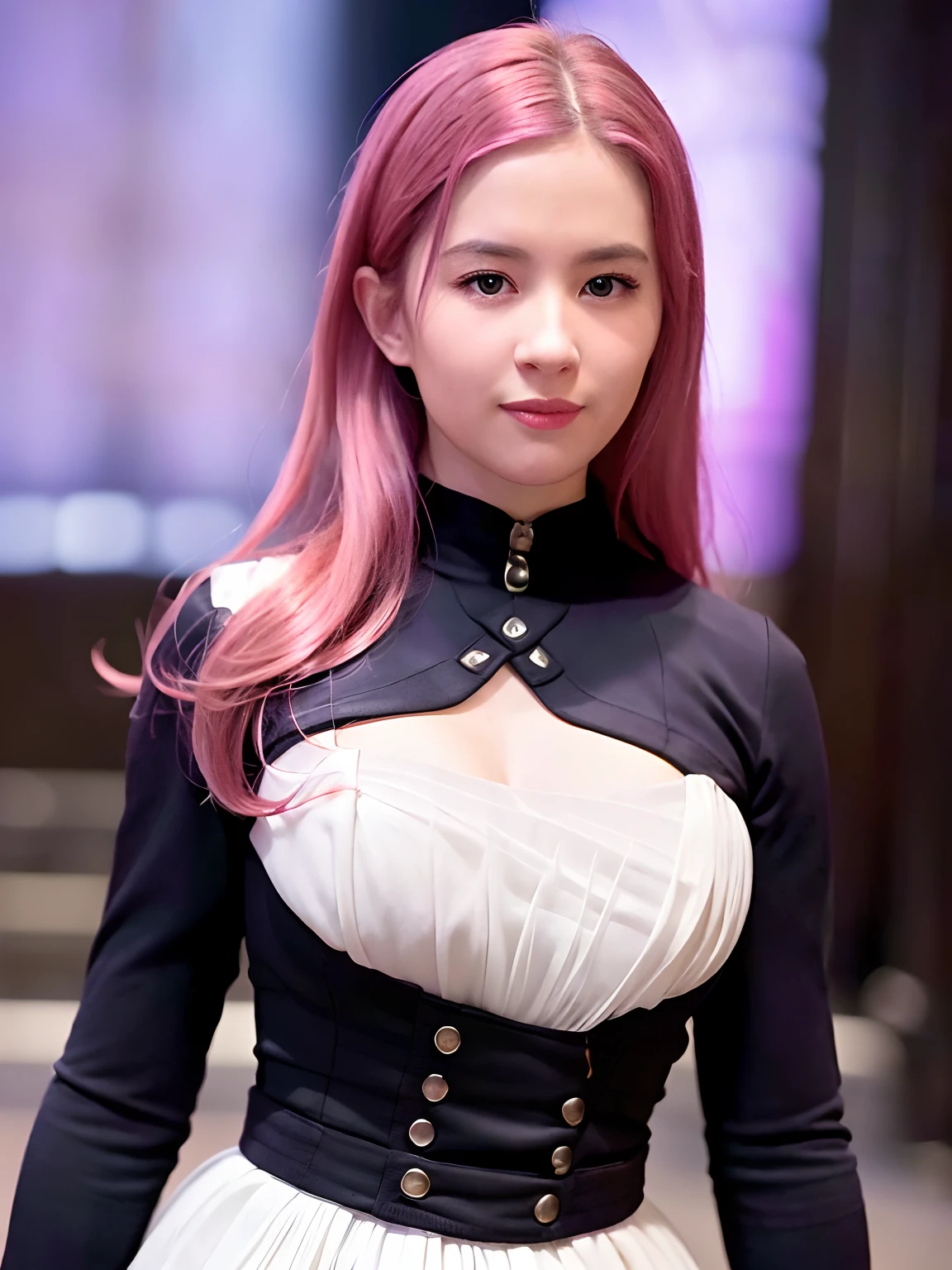 Long hair, Realistic, Blue eyes, Pink hair, Smiling mouth, White background, Black combat uniform,(in a panoramic view),Outside an abandoned church with long legs,(RAW photo, Best quality), (Realistic, photo-realistic:1.4), Masterpiece, An extremely delicate and beautiful, Extremely detailed, 4k wallpaper, Amazing, finedetail, Extremely detailed Cg Unity 8K wallpaper, Ultra-detailed, A high resolution, Soft light, Beautiful detailed girl, Look at the camera head-on,Extremely detailed eyes and face, Beautiful detailed nose, Beautiful detailed eyes,Cinematic lighting,Front lens,Black striped combat uniform,s the perfect face,perfect bodies,Perfect anatomy,(Body curves),Long hair,(A pink-haired:1.2),(full body1.1)In front of the Gothic church,Smiling,Stand head-on