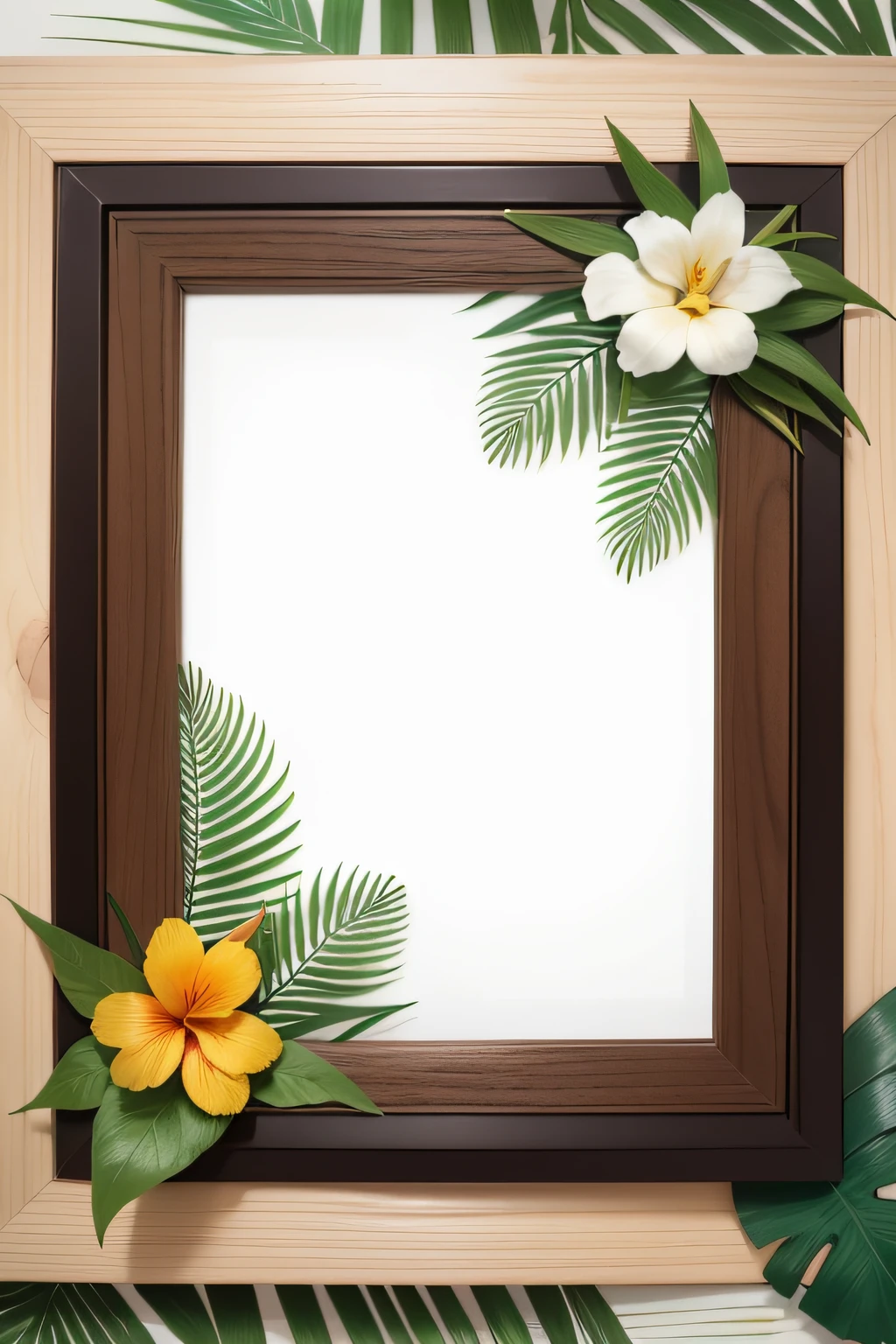 Id card tropical theme, card, design, square, paper, frame, white background, not much nature, there are no objects around the frame, small leaves, white paper inside frame