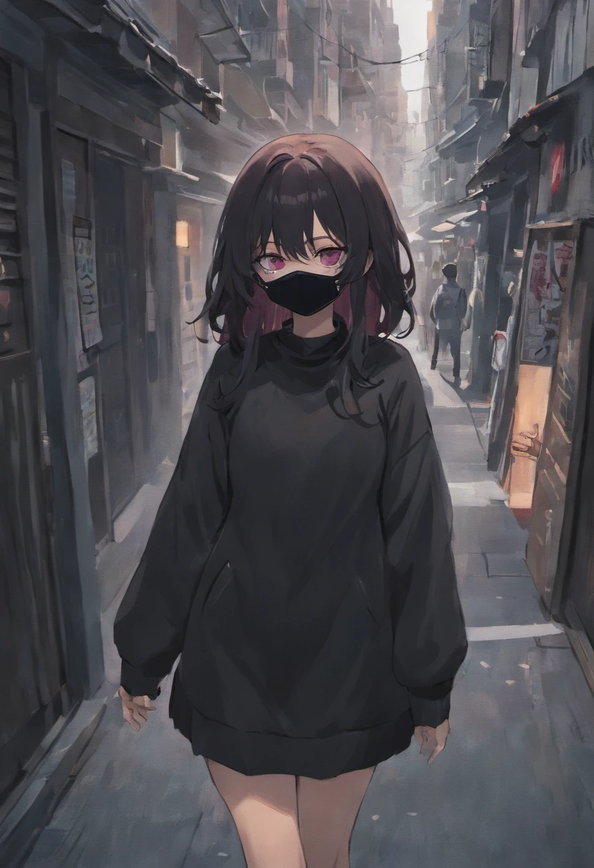 Arad woman standing in street wearing a black mask, Wearing an all-black door wave mask, wearing face mask, wearing face mask, no face mask, Wearing a mask, With long hair, wearing wooden mask, Tumblr, one single mask, She is facing the camera, Mask, dang my linh, surgical mask covering mouth, masked face, ulzzangs