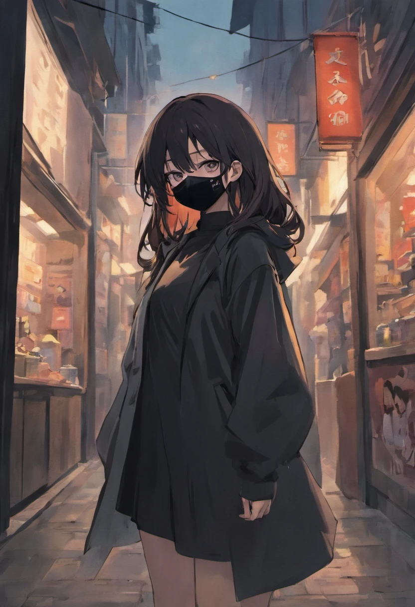 Arad woman standing in street wearing a black mask, Wearing an all-black door wave mask, wearing face mask, wearing face mask, no face mask, Wearing a mask, With long hair, wearing wooden mask, Tumblr, one single mask, She is facing the camera, Mask, dang my linh, surgical mask covering mouth, masked face, ulzzangs