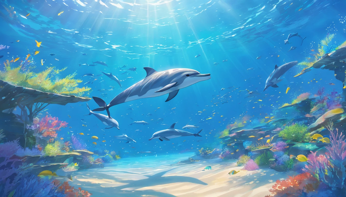 best quality,ultra-detailed,realistic,pencil drawing,oceanography,aquatic life,dolphins,shimmering waves,serene atmosphere,soft sunlight,blues and greens,colorful marine life,curved strokes,smooth shading,maritime scenery,tranquil waters,breathtaking beauty,marine ecosystem,graceful movements,peaceful reflection,intertwining patterns,hidden depths,serenity and harmony,captivating marine creatures,vibrant underwater world,waves crashing gently,underwater adventure,playful dolphins,calm and soothing,floating in tranquility,dolphin companionship,majestic ocean views,whispering tides,harmony with nature,reflective surfaces,flowing motion,blending colors,sunlit ripples.