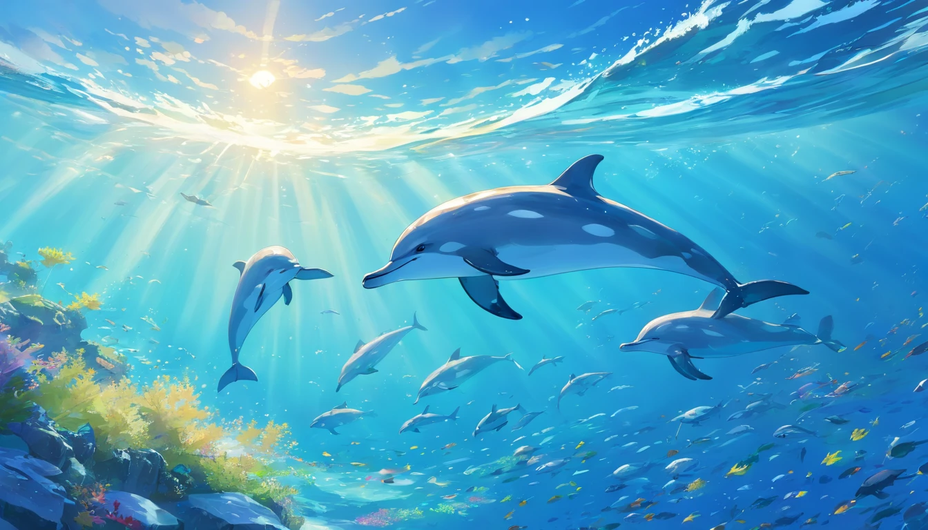 best quality,ultra-detailed,realistic,pencil drawing,oceanography,aquatic life,dolphins,shimmering waves,serene atmosphere,soft sunlight,blues and greens,colorful marine life,curved strokes,smooth shading,maritime scenery,tranquil waters,breathtaking beauty,marine ecosystem,graceful movements,peaceful reflection,intertwining patterns,hidden depths,serenity and harmony,captivating marine creatures,vibrant underwater world,waves crashing gently,underwater adventure,playful dolphins,calm and soothing,floating in tranquility,dolphin companionship,majestic ocean views,whispering tides,harmony with nature,reflective surfaces,flowing motion,blending colors,sunlit ripples.