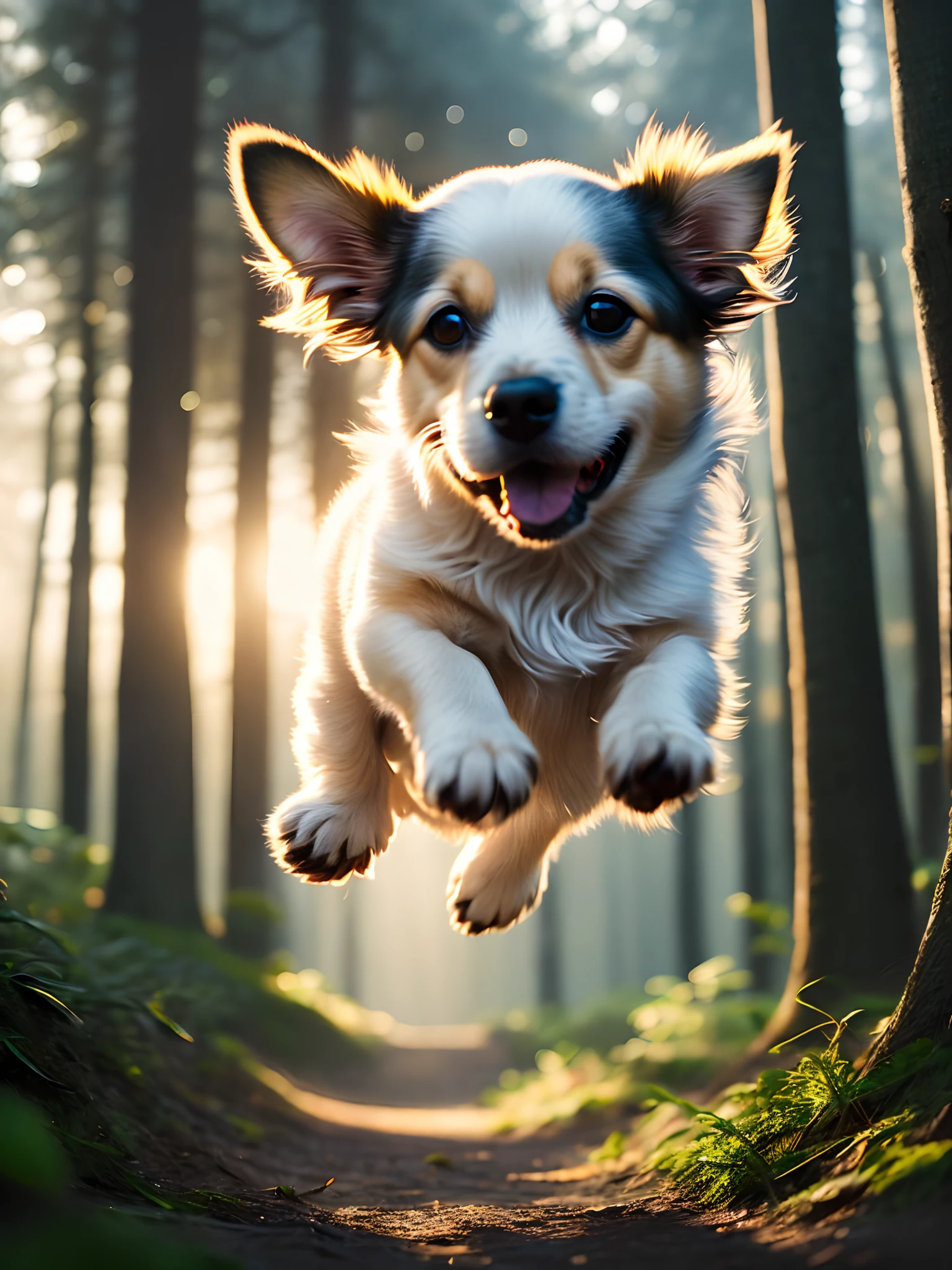 close up photo of a very cute jumping puppy in the forest, soft volumetric lights, (backlit:1.3), (cinematic:1.2), intricate details, (ArtStation:1.3), Rutkowski