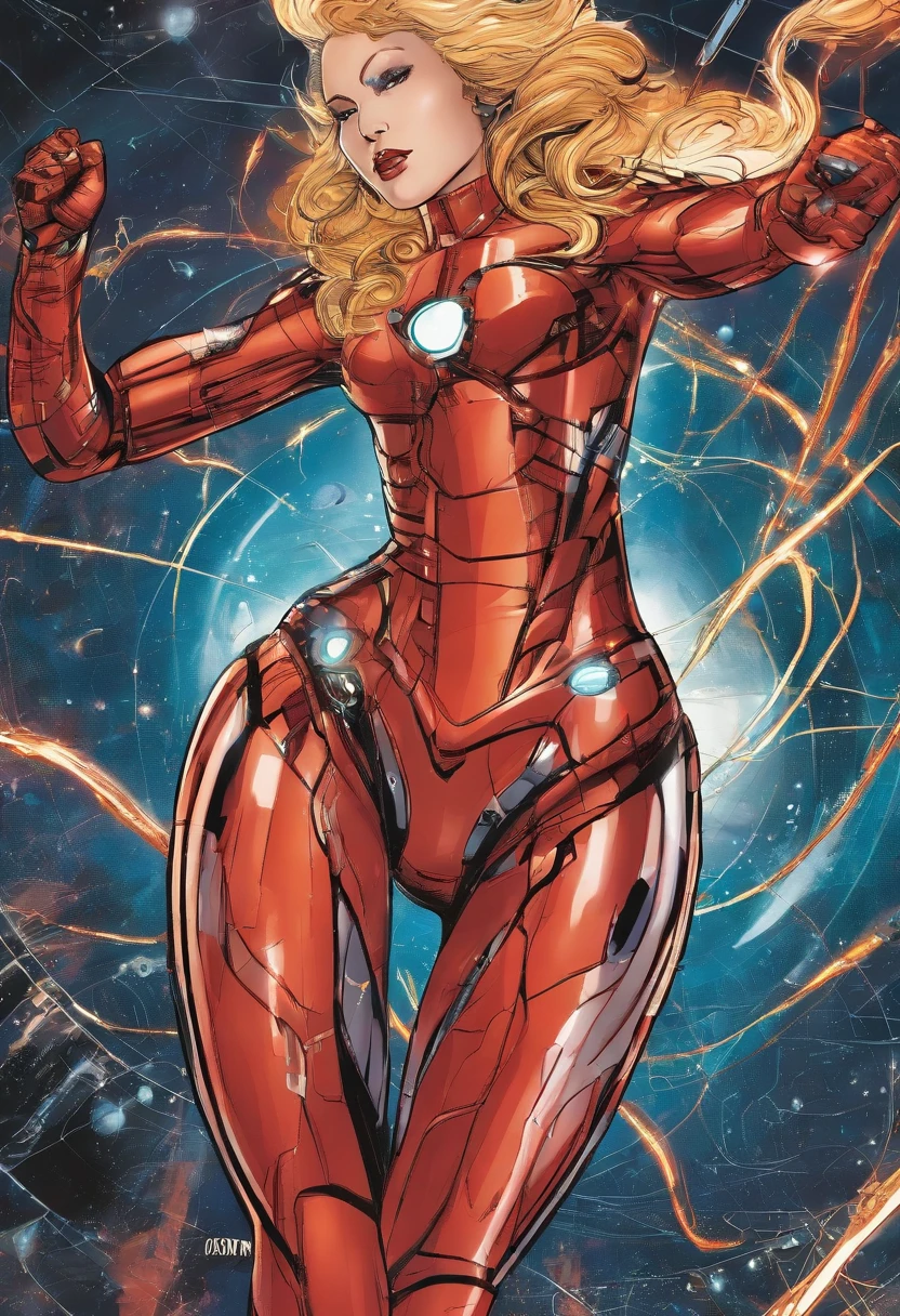marvel comics a female ironwomen in suit fully powered large overwhelming electric current