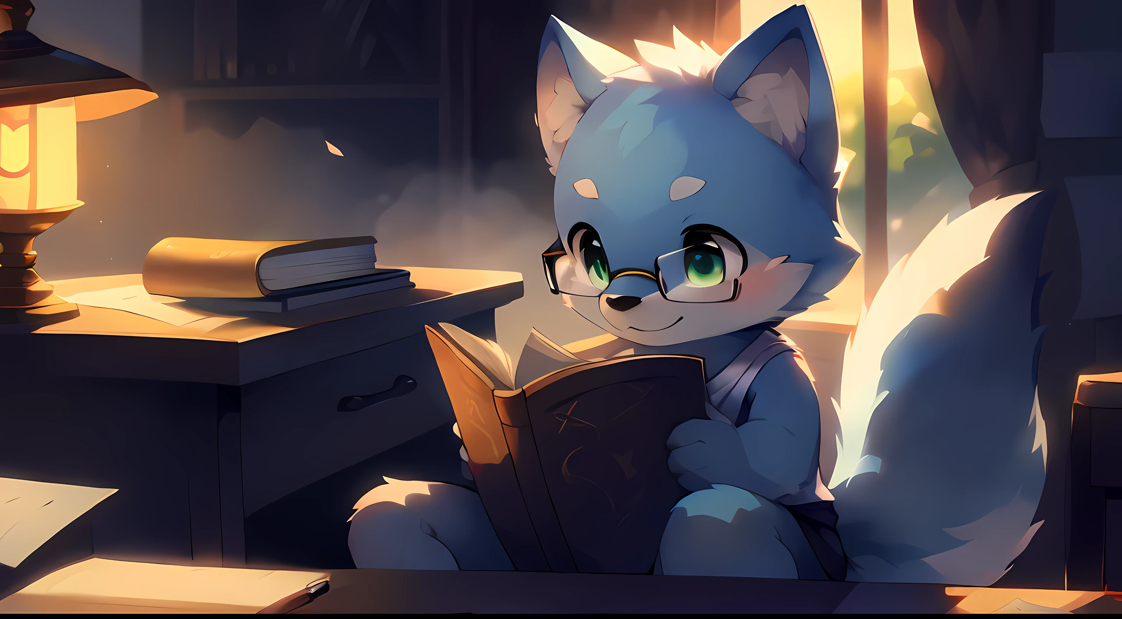 masterpiece, best quality, highly detailed, sfw, 1boy, (sitting at desk, studying:1.5), (upper body:1.5), (morning, sun light, brightness:1.5), (kemono), (shota, toddler:1.25), (cub:1.25), (solo:2.0), cute, kawaii, (wolf:1.2), light blue fur, light blue face, (bald:0.25), detailed green eyes, (thick eyebrows), light blue body, light blue arms, light blue hands, light blue tail, (4 fingers:0.25), (chest tuft:0.1), detailed, (black glasses), (white tank top), detailed background, (bedroom, book, desk, paper, pen, lamp), Acoustic Guitar, warm, cozy, focus, Chill, Playful, Relaxed, Cozy, Lazy, Affectionate, Curious, Comforting, Cute,