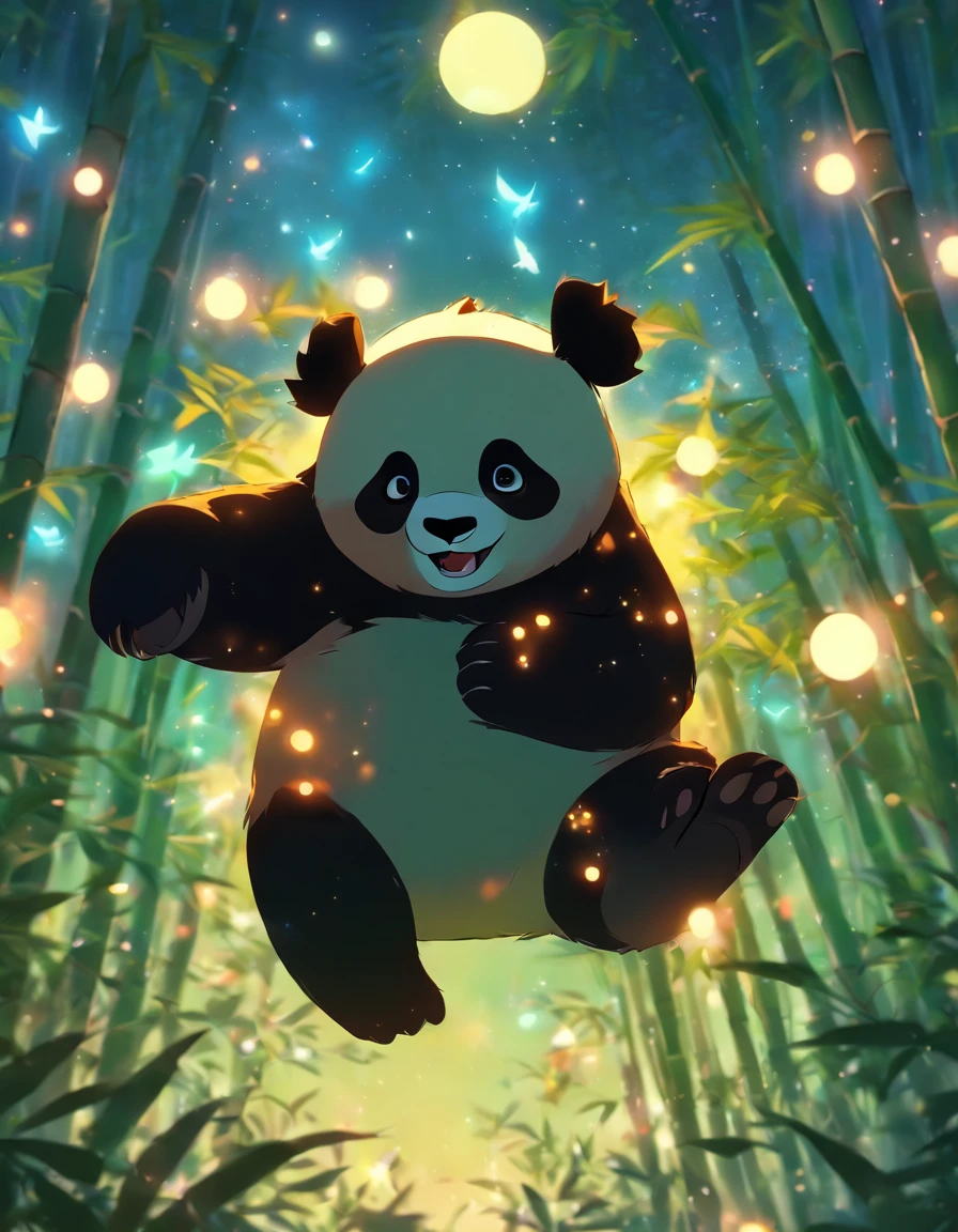 KIDS ILLUSTRATION，Silent night, Bamboo forest in the sky, Bamboo leaves flutter in the wind,Cute giant panda in the air， Full moon in the sky, fireflies flying，（（oc rendered））