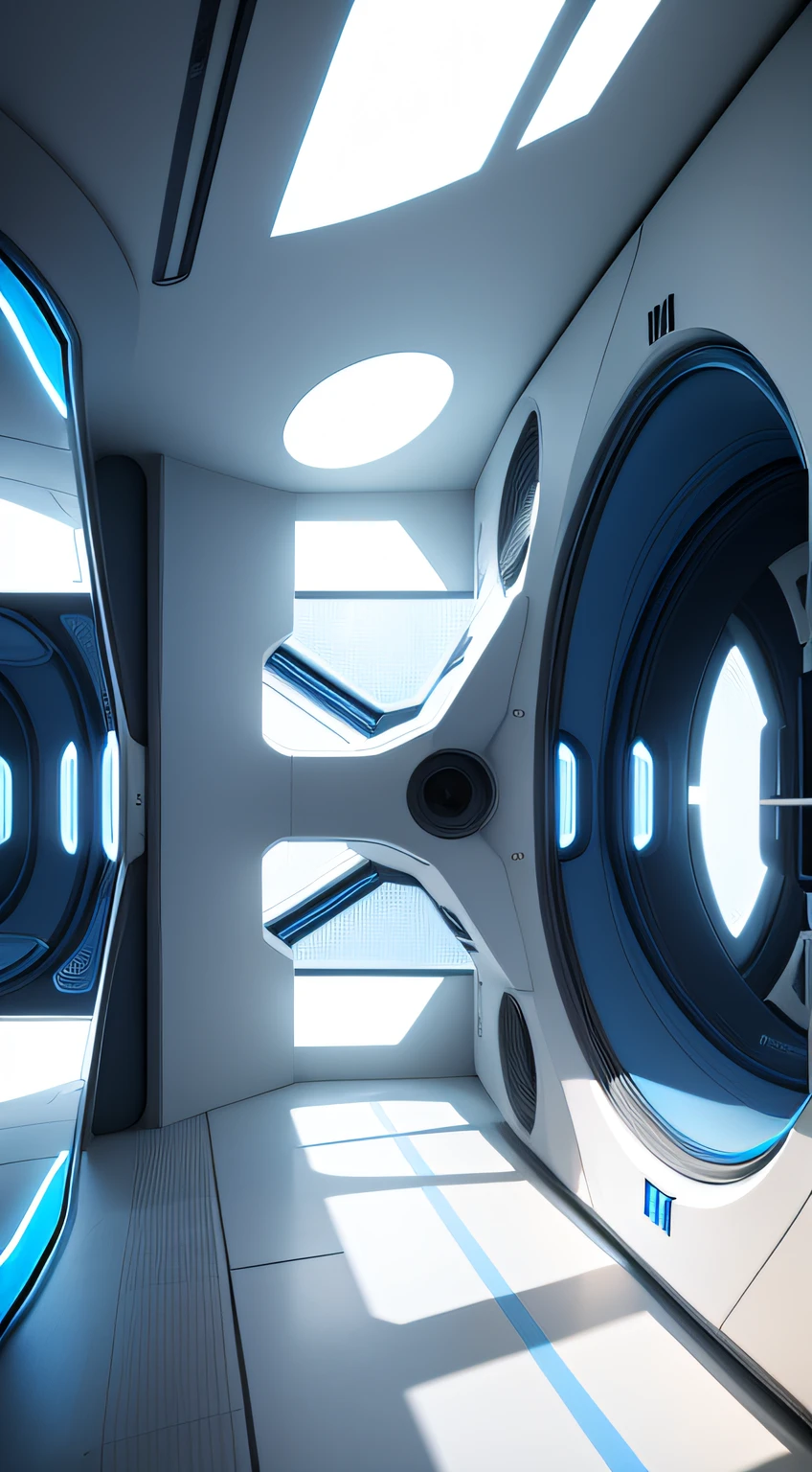blue and white colors,Inside the spaceship,Connection Center,afofuturism,hentail realism,A manipulator,close lens,HD8K