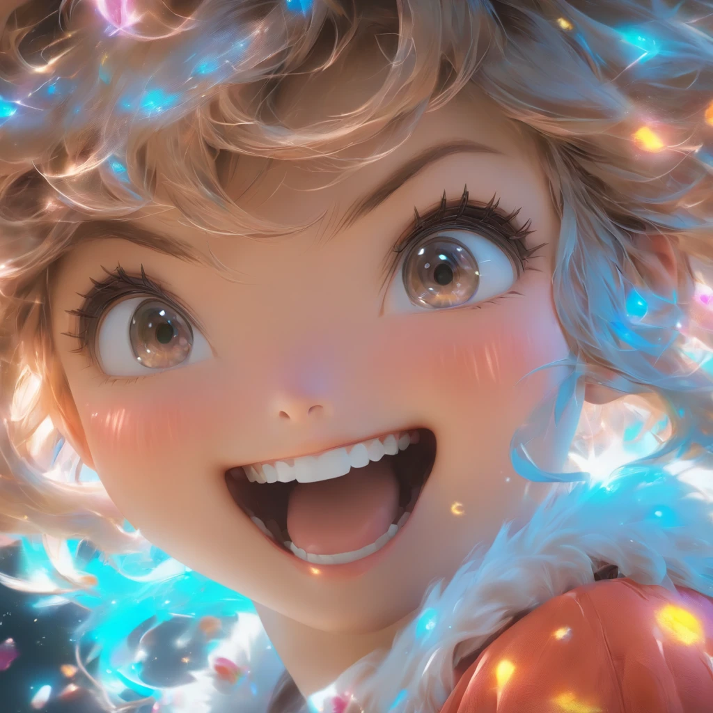 hyper photorealism, god light, Fuji colors, hyper HD, Super detail, 16k,head portrait,Slightly chubby Korean girl,laughing very happily,Ball head,hair adornments,light make-up,sideface