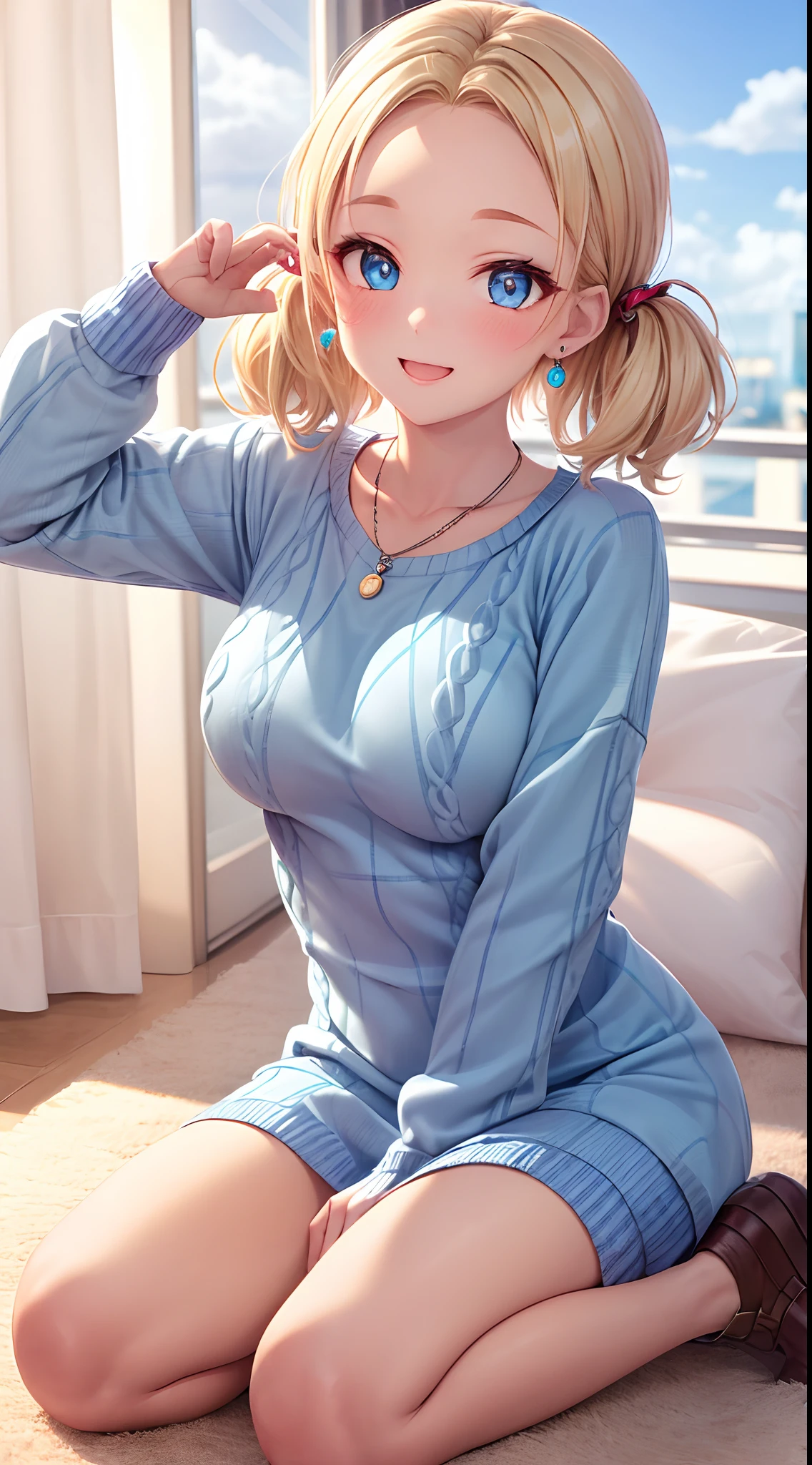 absurderes, ultra-detailliert,bright colour, extremely beautiful detailed anime face and eyes, view straight on, ;D, shiny_skin,25 years old, Short hair, (Forehead:1.3), Blonde hair with short twin tails, Shiny hair, Delicate beautiful face, red blush、(cyan eyes:1.1), White skin, hair clips, earrings, a necklace, (Blue Plaid Sweater Dress:1.5), Beautiful cloud, Dusk sky,Full body