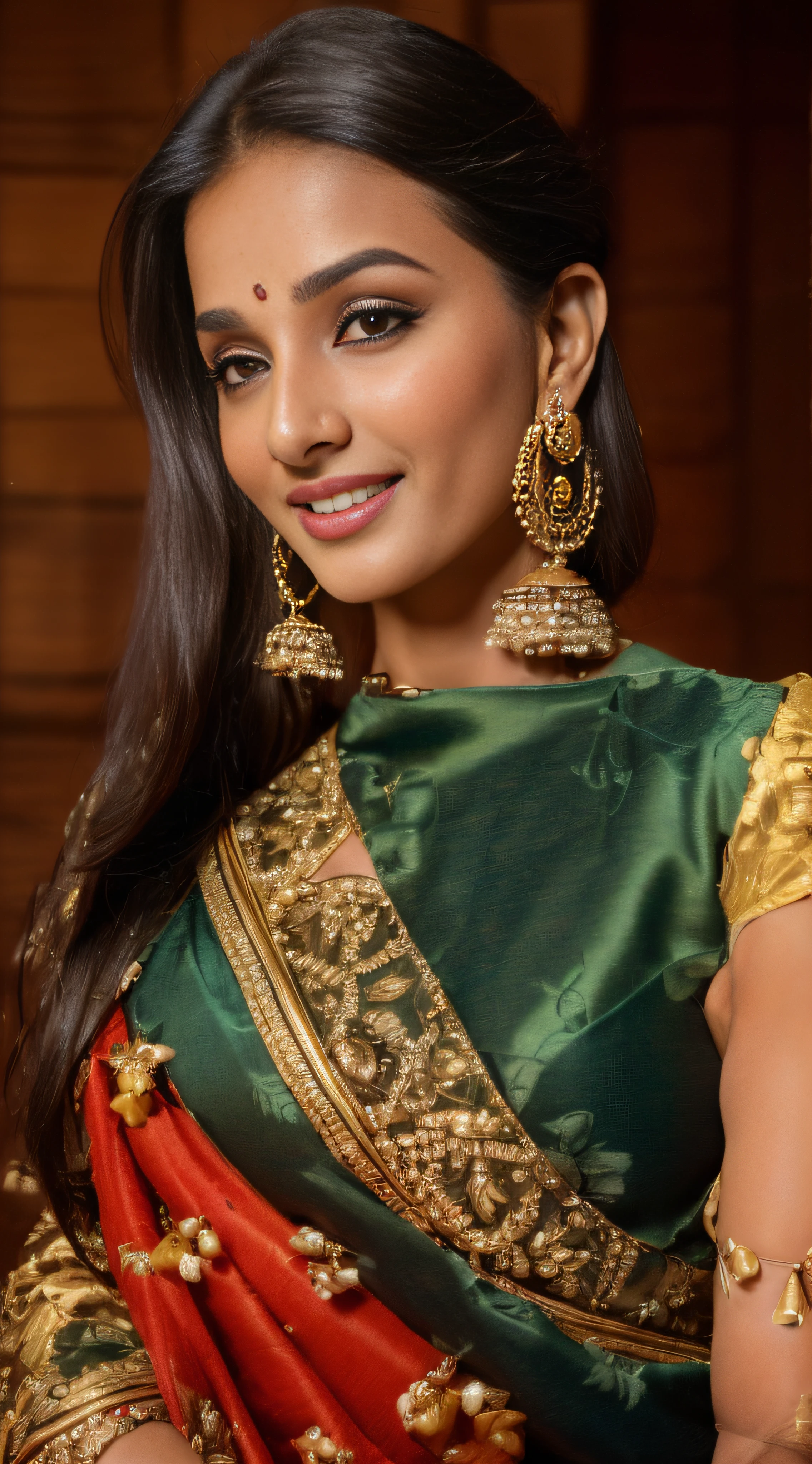 a close up of a woman wearing a sari and earrings, traditional beauty, very extremely beautiful, with small studded earings, beautiful and graceful, portait photo profile picture, with lovely look, with a beautifull smile, extremely beautiful, huge earrings and queer make up, wearing beautiful clothes, very beautiful enga style, cute beautiful, beautiful and smiling, candid picture,  ((film grain, skin details, high detailed skin texture, 8k hdr, dslr)), photography taken by sony DSLR, Hd image