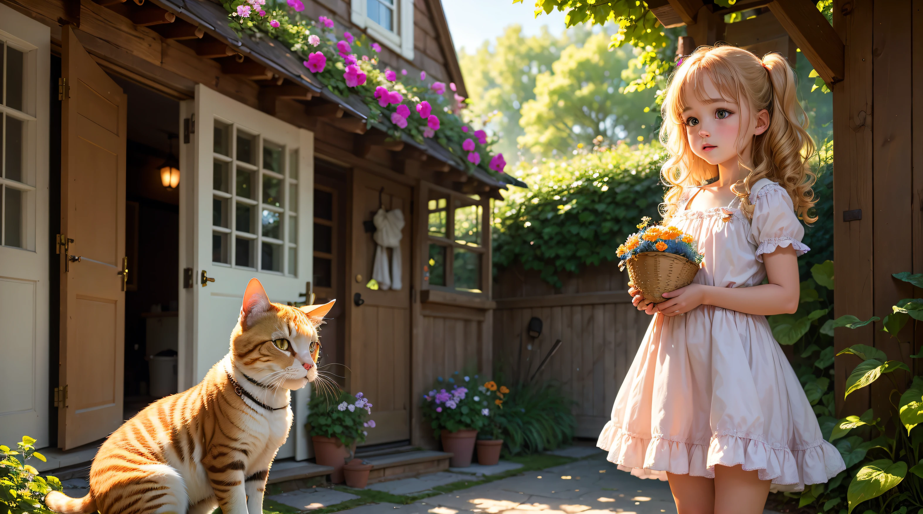 (best quality,4k,8k,highres,masterpiece:1.2),ultra-detailed,(realistic,photorealistic,photo-realistic:1.37),a with rosy cheeks and lively eyes, a cute white dress with floral patterns, standing near a wooden door covered in peeling paint and surrounded by a verdant garden. She holds a basket of colorful flowers in her hands. The sunlight streams through the trees, casting soft, warm shadows on the girl and the scene. Her curly blonde hair is gently caressed by the breeze as she watches a curious orange tabby cat, with bright green eyes, standing on its hind legs and reaching its paw towards the doorknob. The cat's tail flicks back and forth in anticipation, as if it's trying to persuade the girl to open the door and let it inside. The whole scene exudes a sense of innocence and a touch of mischief. The colors are vibrant and saturated, with a slight warm tone, capturing the enchanting atmosphere of a sunny afternoon in a cozy garden.