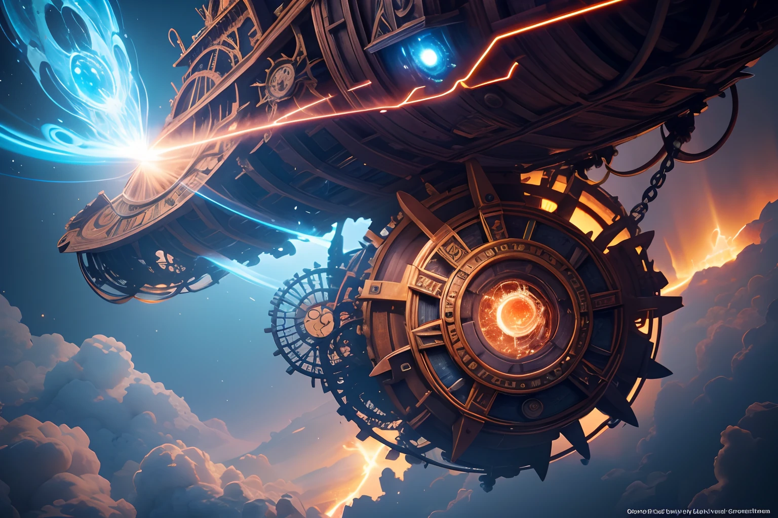 A very dynamic scene. A million years ago. fantasy world. Giant vintage rusty gear flies through time and space. The wheel of fate and new life. Very close-up. a lot of details. view from bottom. Flying through the clouds, sparks, Blue Flame. super realistic. Cinematic. Blurred background in motion. Light haze