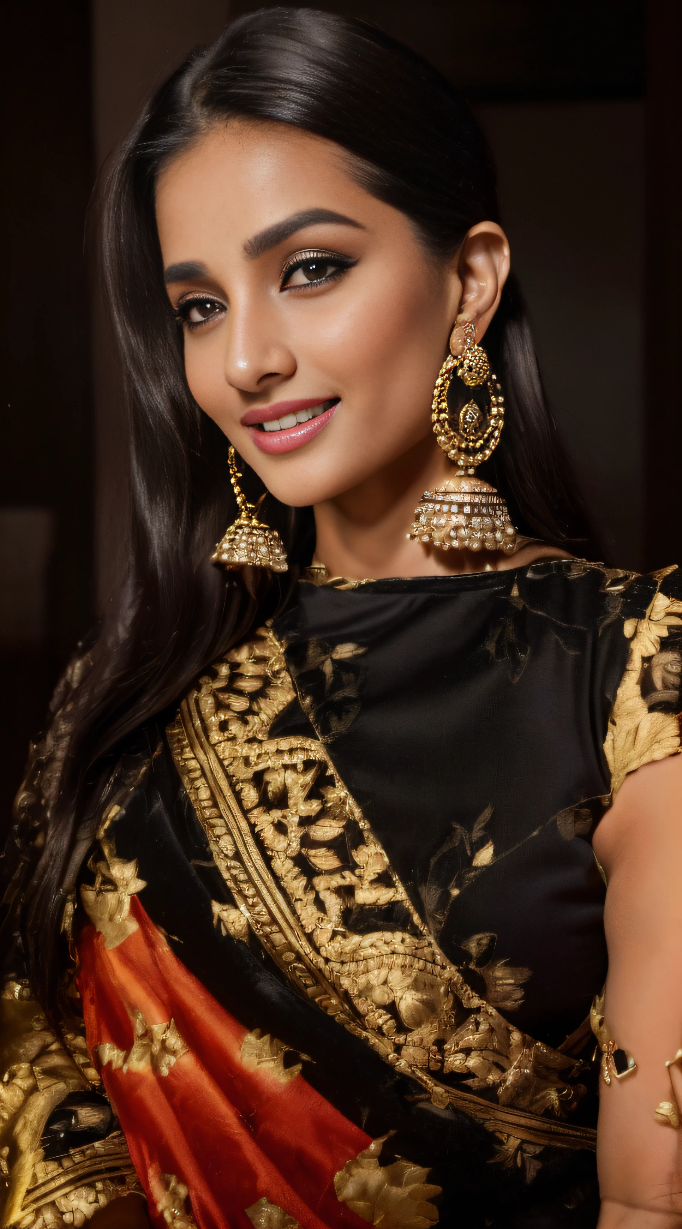 a close up of a woman wearing black top and earrings, traditional beauty, very extremely beautiful, with small studded earings, beautiful and graceful, portait photo profile picture, with lovely look, with a beautifull smile, extremely beautiful, huge earrings and queer make up, wearing beautiful clothes, very beautiful enga style, cute beautiful, beautiful and smiling, candid picture, ((film grain, skin details, high detailed skin texture, 8k hdr, dslr)), photography taken by sony DSLR, Hd image