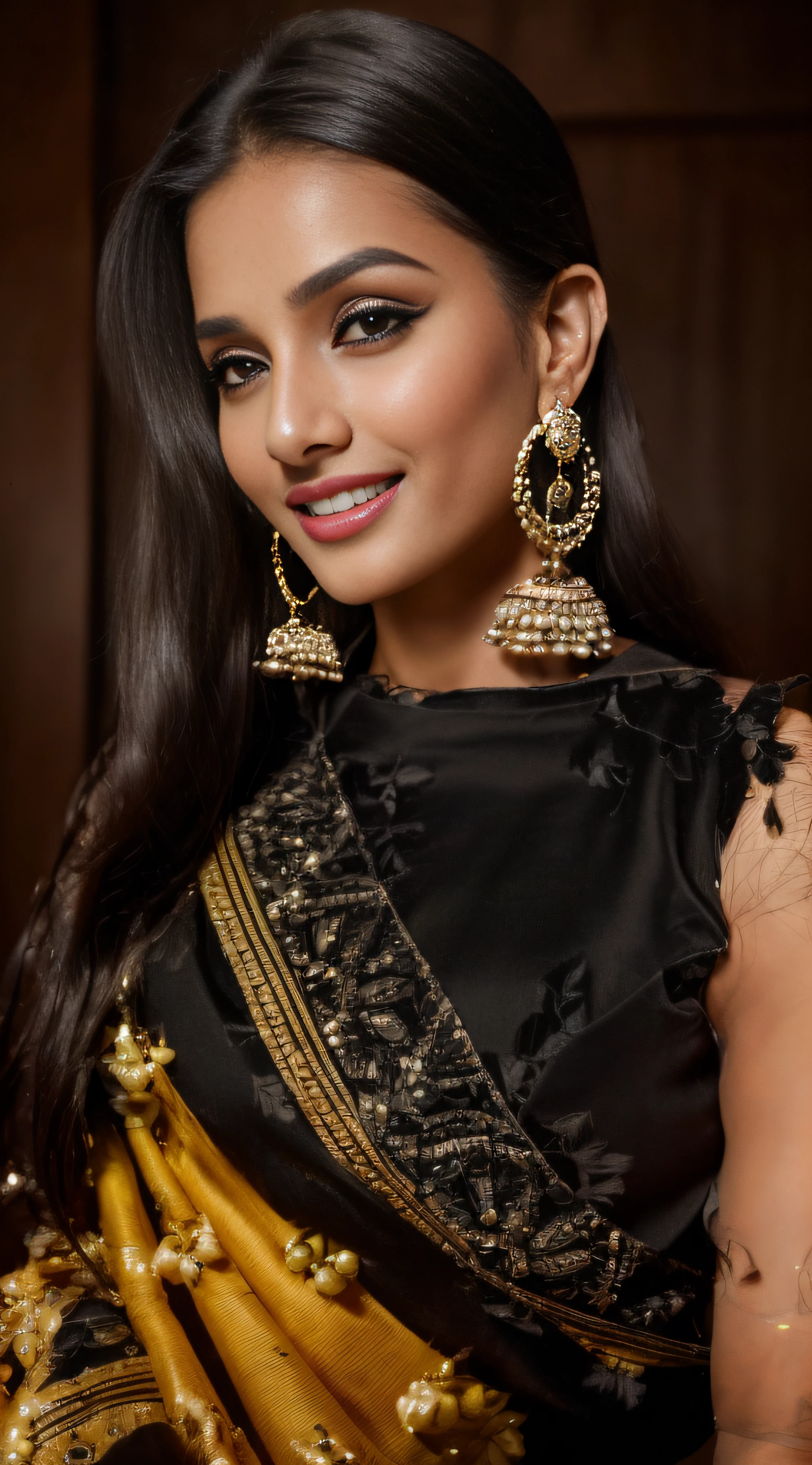 a close up of a woman wearing black top and earrings, traditional beauty, very extremely beautiful, with small studded earings, beautiful and graceful, portait photo profile picture, with lovely look, with a beautifull smile, extremely beautiful, huge earrings and queer make up, wearing beautiful clothes, very beautiful enga style, cute beautiful, beautiful and smiling, candid picture, ((film grain, skin details, high detailed skin texture, 8k hdr, dslr)), photography taken by sony DSLR, Hd image
