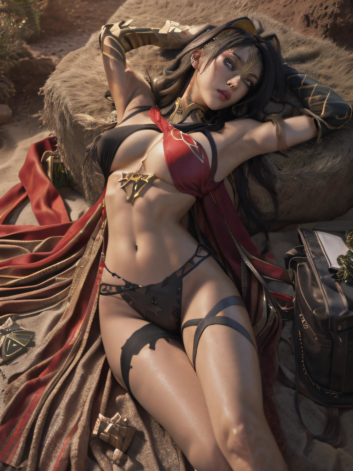 (Intricate, rendering by octane, Highly detailed, 8K, hyper HD, High quality, professional, illusory engine, 1 Porcelain girl,Cute and delicate face，Extremely Delicately Beautiful，((scantily clad)),Wide hips,Open your legs，Abdomen up，Lie on your back on the ground，raised hips，High-fork tong，Cinematic light,Black lace，arm armor，in the desert