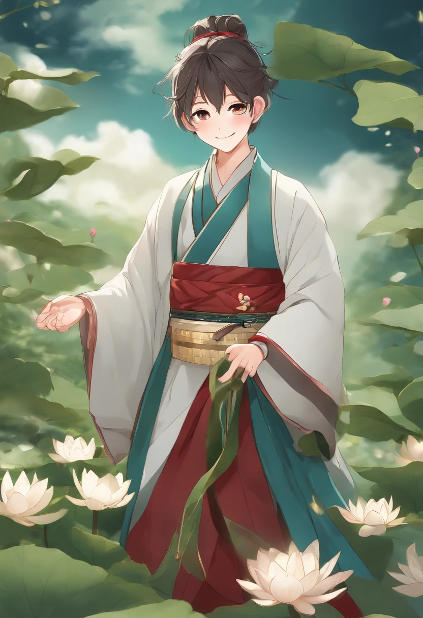 Cute anime boy，The eyes are smiling，Mouth open，laughing very happily，Laugh heartily among the lotus bushes，Carrying a small school bag，wearing a hanfu，Very healing，Blue sky, white clouds, green lotus leaves