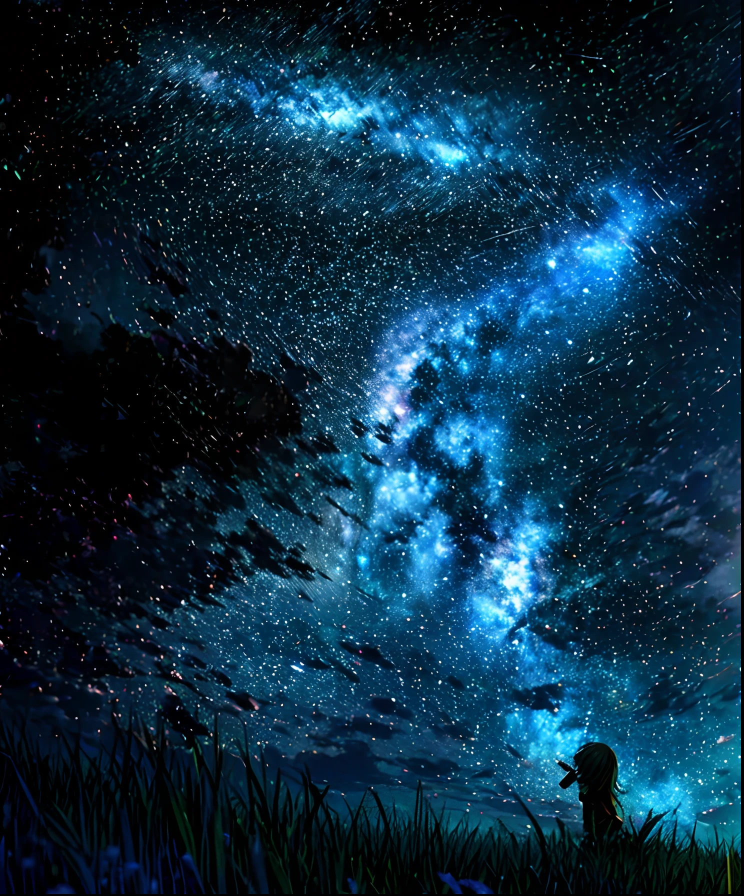 Describe a scene where a cute girl character is lying on a grassy hill, Looking up at the starry sky. Surround her with colorful nebulae and her favorite constellations.