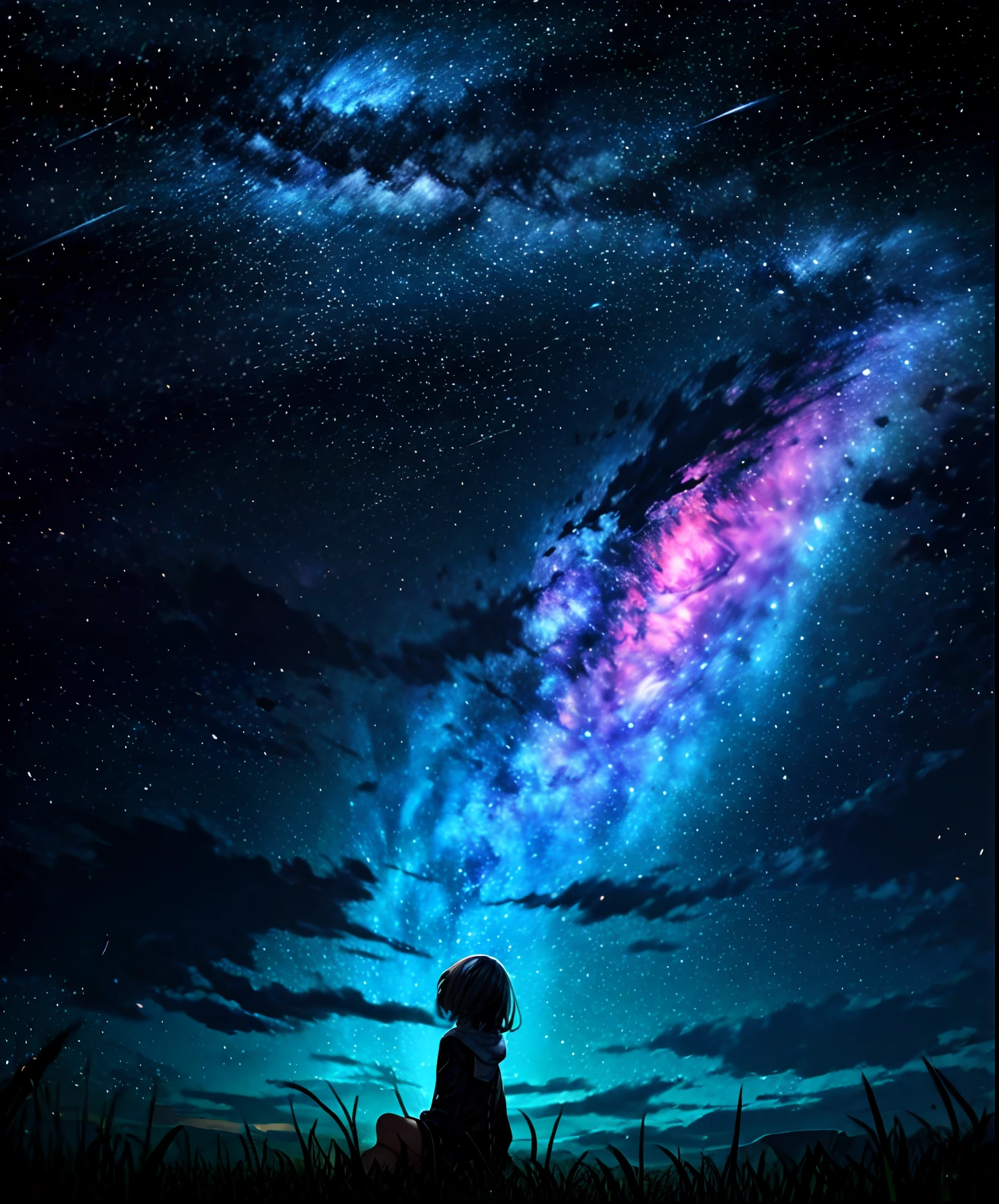 Describe a scene where a cute girl character is lying on a grassy hill, Looking up at the starry sky. Surround her with colorful nebulae and her favorite constellations.