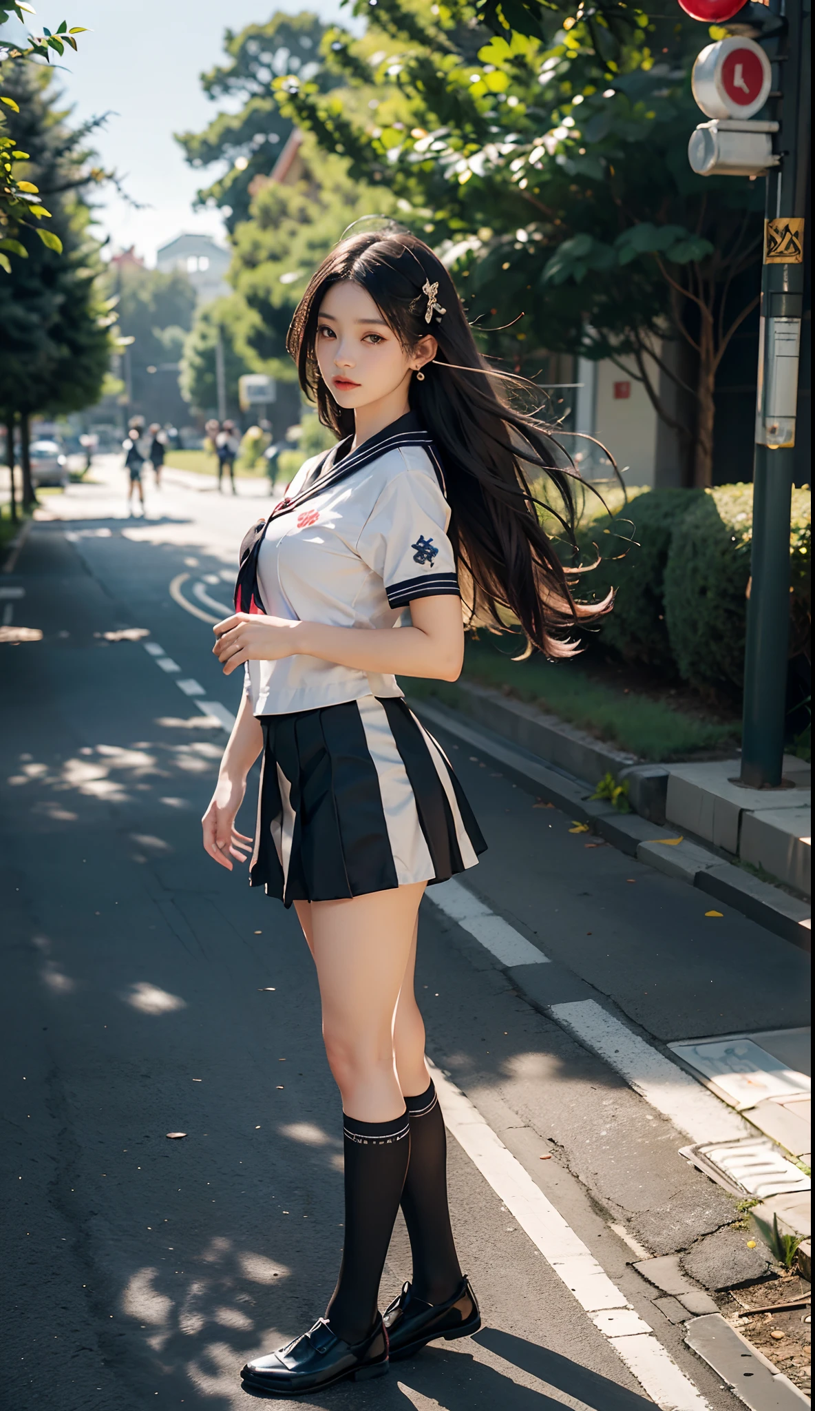 (Japanese-style school,the cherry trees:1. Mature elven beauty,standing on your feet,a sailor suit), tmasterpiece, best qualtiy, RAW photogr, realisticlying, Incredibly Ridiculous res,Elf long ears, ear studs,hair pin, (Long flowing hair in silver and black:1.9),eye shadows,(a sailor suit),eardrop,foot ring,short skirt,(Black sport socks)(Black half-knee socks),(Loafer shoes),two longer legs,depth of fields, A high resolution, ultra - detailed, filigree, RAWE is very detailed, very detailed eyes and faces, Sharp pupils, realistic pupil, tack sharp focus, cinmatic lighting,full bodyesbian,Bigboobs,long leges,From the front side,dynamicposes,Normal posture,closeup of face