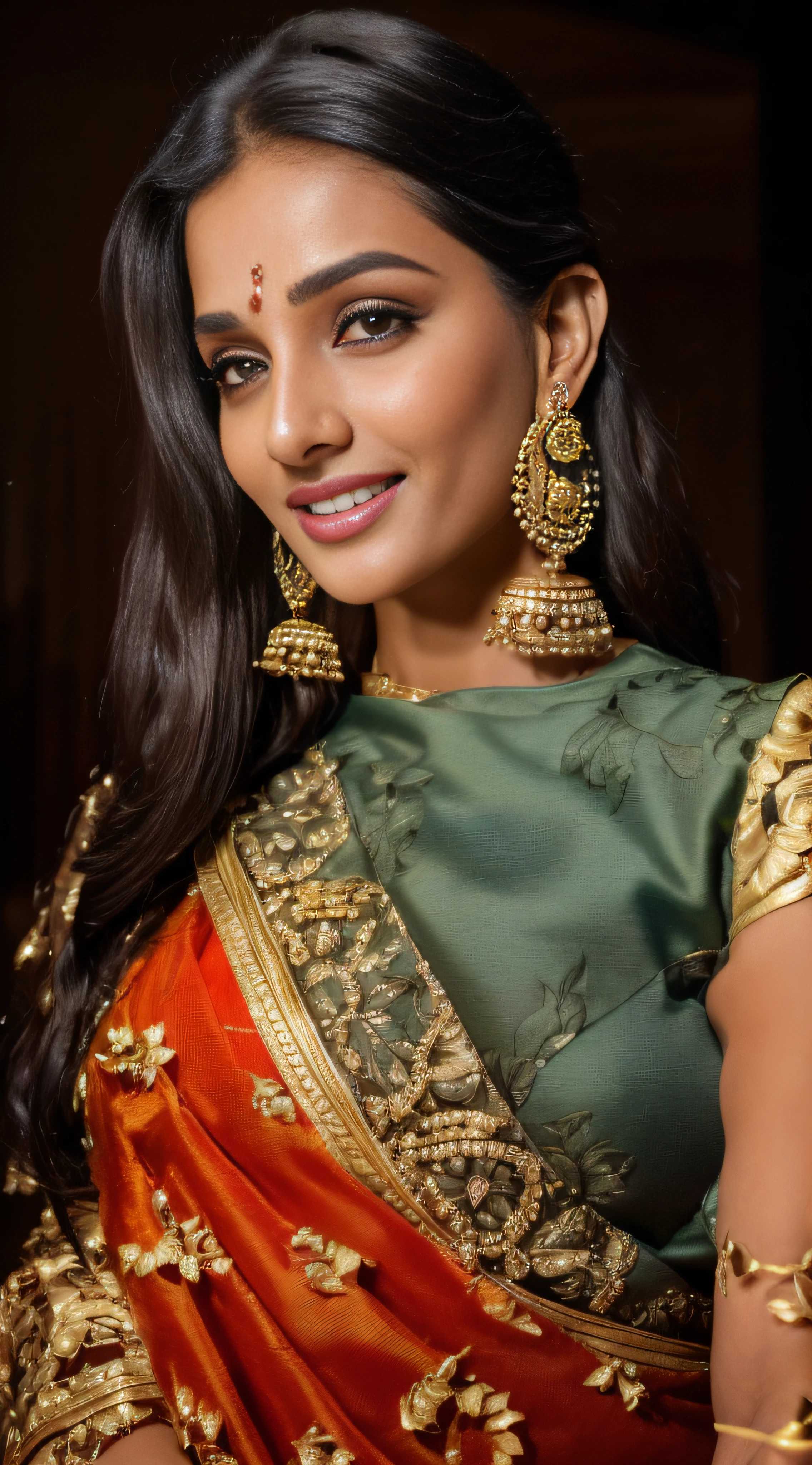 a close up of a woman wearing a sari and earrings, traditional beauty, very extremely beautiful, with small studded earings, beautiful and graceful, portait photo profile picture, with lovely look, with a beautifull smile, extremely beautiful, huge earrings and queer make up, wearing beautiful clothes, very beautiful enga style, cute beautiful, beautiful and smiling, candid picture,  ((film grain, skin details, high detailed skin texture, 8k hdr, dslr)), photography taken by sony DSLR, Hd image