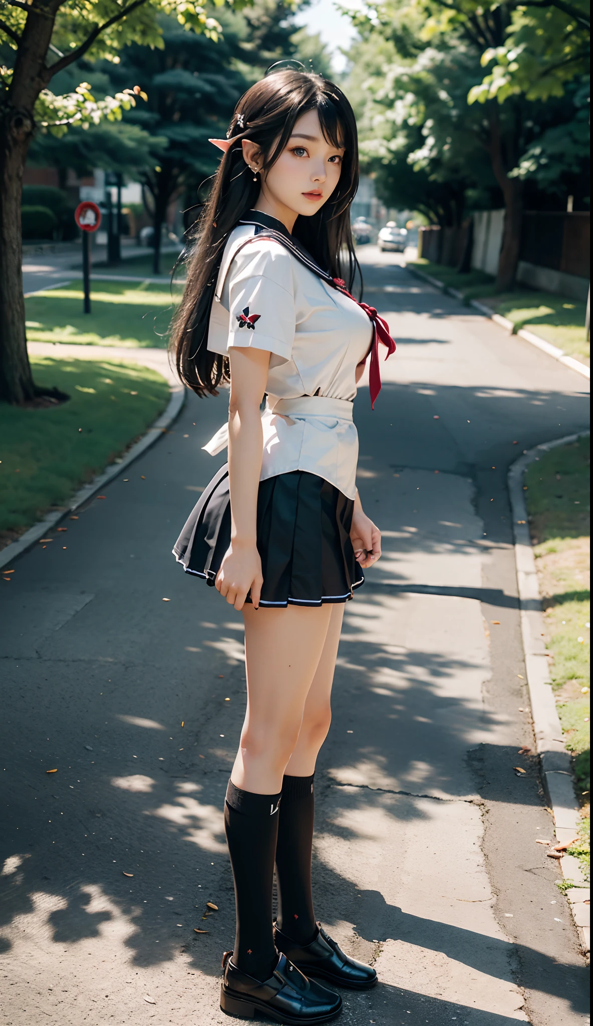 (Japanese-style school，the cherry trees：1. Mature elven beauty，standing on your feet，a sailor suit）， tmasterpiece， best qualtiy， RAW photogr， realisticlying， Incredibly Ridiculous res，Elf long ears， ear studs，hair pin， (Long flowing hair in silver and black：1.9)，eye shadows，(a sailor suit)，eardrop，foot ring，short  skirt，(Black sport socks)（Black half-knee socks)，(Loafer shoes)，two longer legs，depth of fields， A high resolution， ultra - detailed， filigree， RAWE is very detailed， very detailed eyes and faces， Sharp pupils， realistic pupil， tack sharp focus， cinmatic lighting，full bodyesbian，Bigboobs，long leges，From the front side，dynamicposes，Normal posture，closeup of face