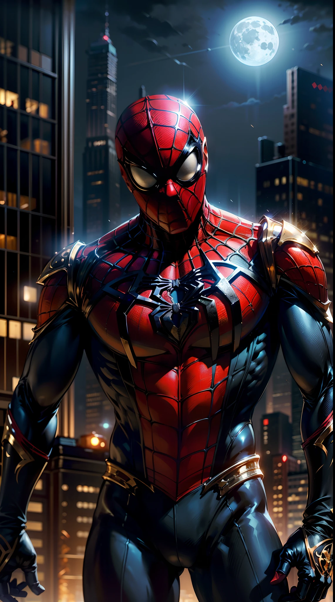 An artistic interpretation of  ((male Spider-Man)), (((adorned in a striking black and gold armor designed intricately))), stands heroically amidst the bustling streets of New York City beneath the luminous glow of a full moon. The intricately designed suit shimmers with a glossy black and resplendent gold finish, accentuating the web-slinger's agility and grace. Spider-Man's iconic pose exudes a sense of power and vigilance, as he surveys the city from his vantage point. The New York street comes alive in the night, with vibrant city lights illuminating the urban landscape. The moon shines brightly overhead, casting its ethereal radiance upon the scene. The cityscape is alive with a symphony of colors and reflections, creating a visually captivating atmosphere.The art style draws inspiration from the works of Alex Ross, combining elements of realism and superhero aesthetics. The camera angle is dynamic, capturing Spider-Man's dynamic presence against the backdrop of the city that never sleeps. The render style is a fusion of hyper realism and surrealism, invoking a sense of awe and wonder. The image is conceived in breathtaking 64K UHD resolution, allowing for unparalleled levels of detail and visual richness, (((masterpiece))), (high res), ((super cinematic lighting)), award winning photograph,