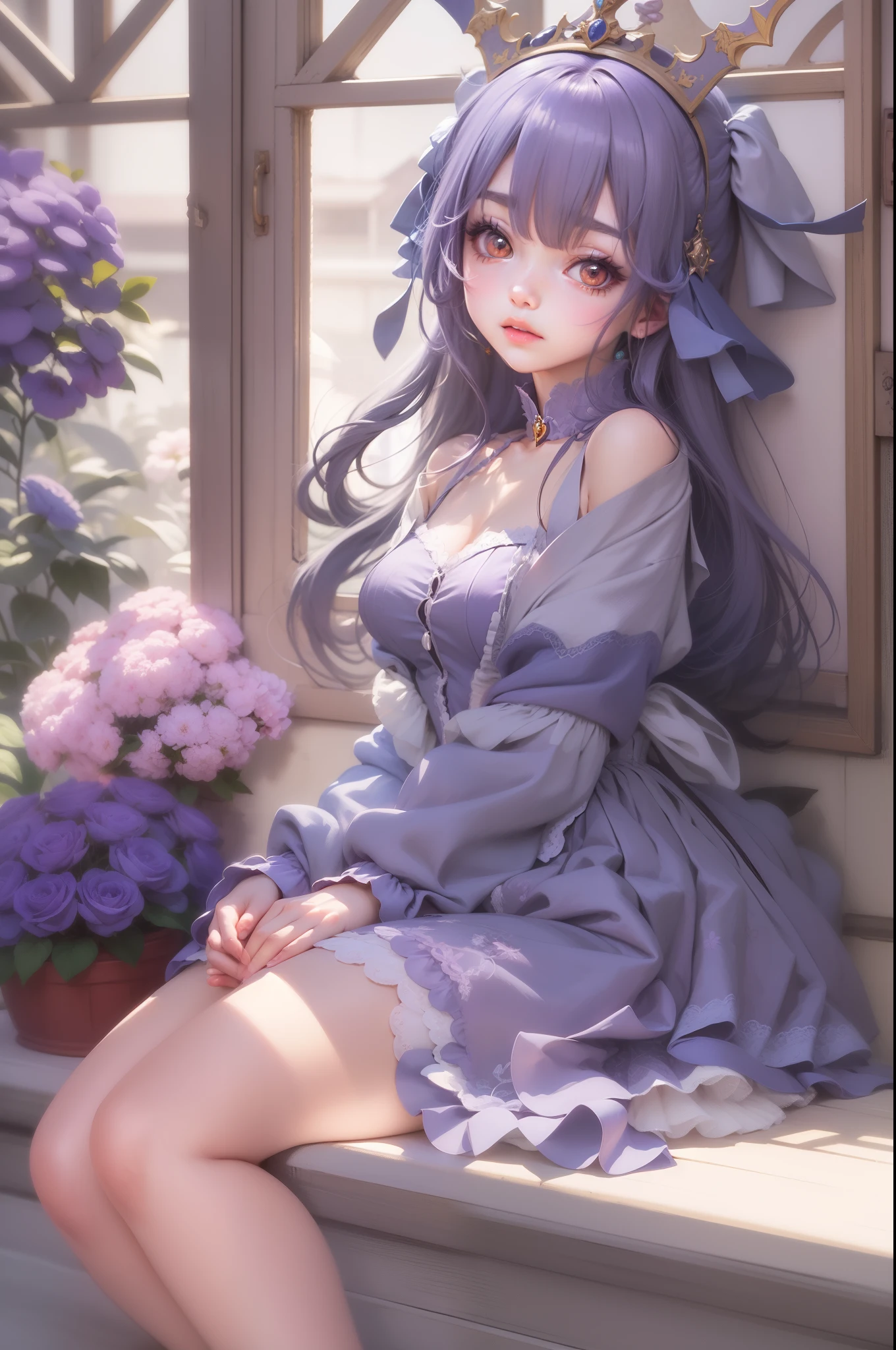 ((best qualtiy,8K,tmasterpiece:1.3)), 1girll, ssmile, full bodyesbian, Slim Faces, Beautiful woman, (dark brown hair), purple evening dress,Purple lace gloves ,Black tights,high-heels:1.1, Super detailed face, Detailed eyes, 二重まぶた, blur backgroun, Sitting on the steps