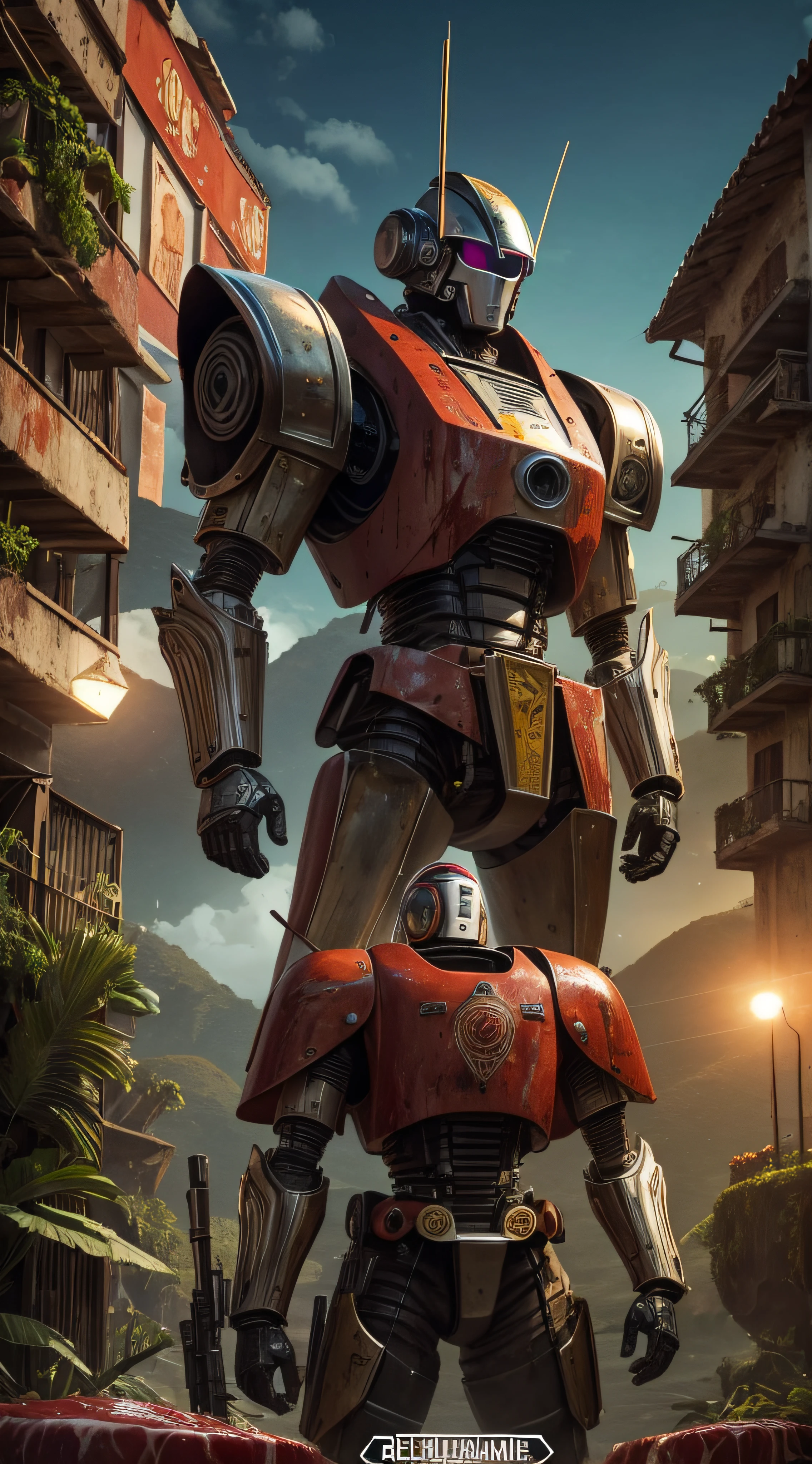 (extremadamente detallado, obra maestra, La mejor calidad, foto antigua, principios de siglo, VHS Aesthetics) Great retro robot with blood in robotic hands. Armas grandes, cannons on his back. motosierras. In the middle of a strange jungle. Vegetables from another dimension. Epic flowers far away, organic trees with meat. Luz noche.