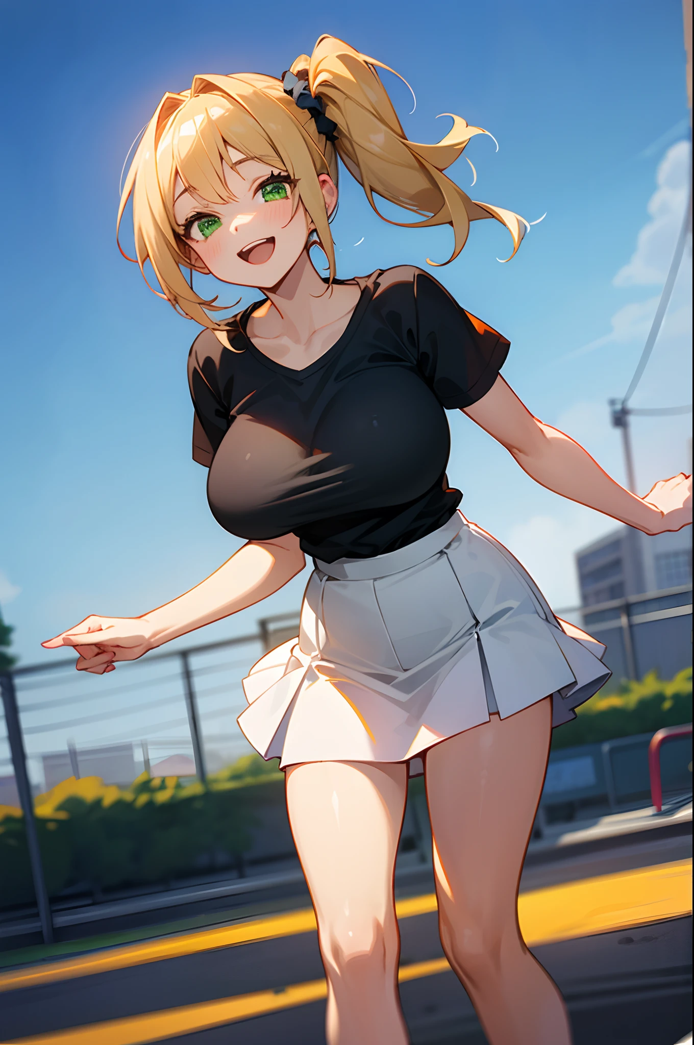 1 girl, game CG, plain black T-shirt, white short skirt, hair scrunchie, gigantic breasts, blonde, middle hair, side ponytail, green eyes, park, smile, open mouth, sit,