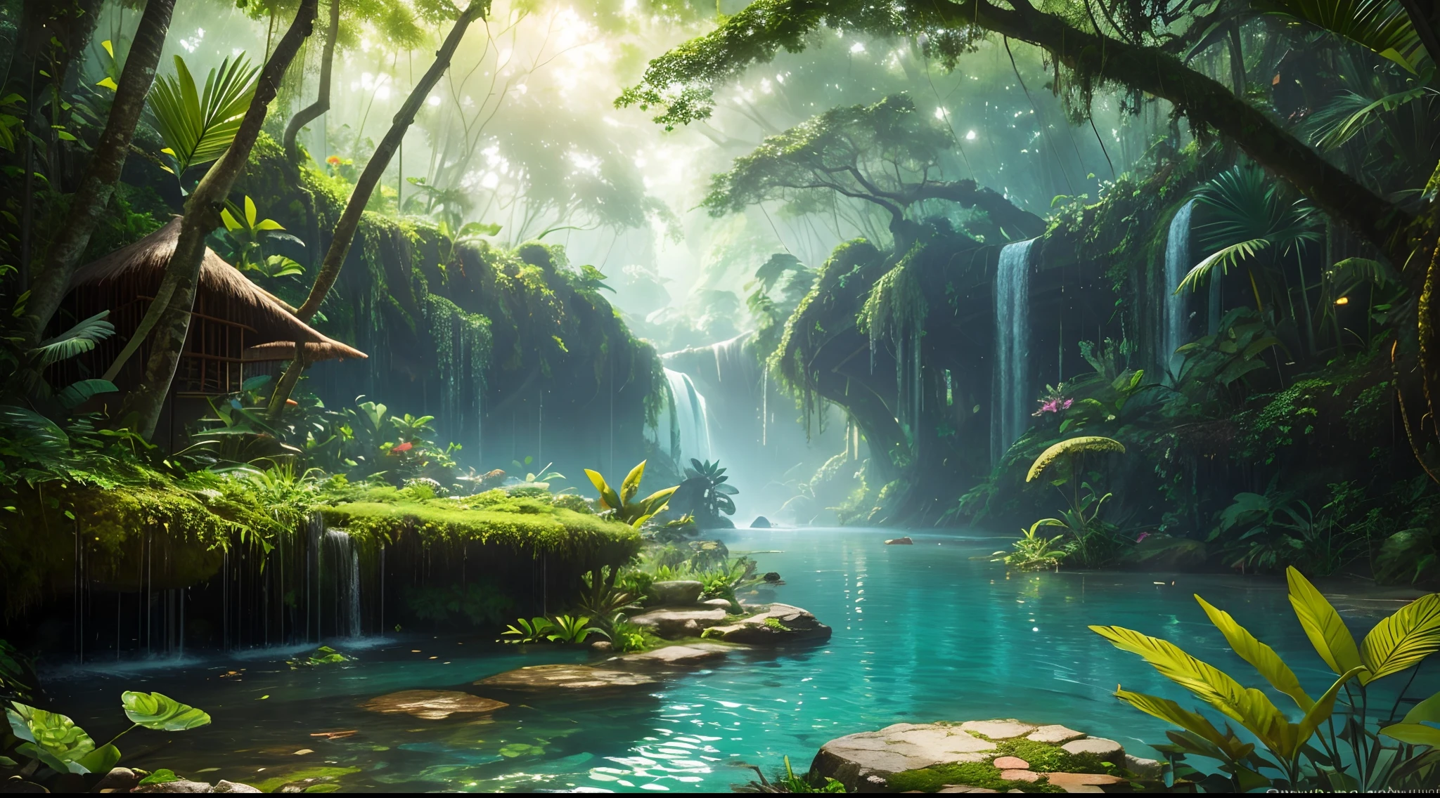 (best quality, 4k, 8k, highres, masterpiece: 1.2) ultra-detailed, (realistic, photorealistic, photo-realistic: 1.37), beautiful junglefantaisist and lush landscape, serene atmosphere, harmonious colors, sunlight filtering through dense foliage, foggy morning atmosphere, floating mist, refreshing waterfall, large ancient trees with complex roots, exotic tropical flowers in full bloom, vibrant fauna animated among the trees, peaceful river winding through the jungle, hidden treasures and ancient ruins waiting to be discovered, ethereal glow illuminating the scene, quiet sounds of nature, heavenly setting, impressive depth and three-dimensionality, immaculate attention to detail, impressionist style brushstrokes, legendary and impressive scene, jungle adventure calling for daring and curious souls