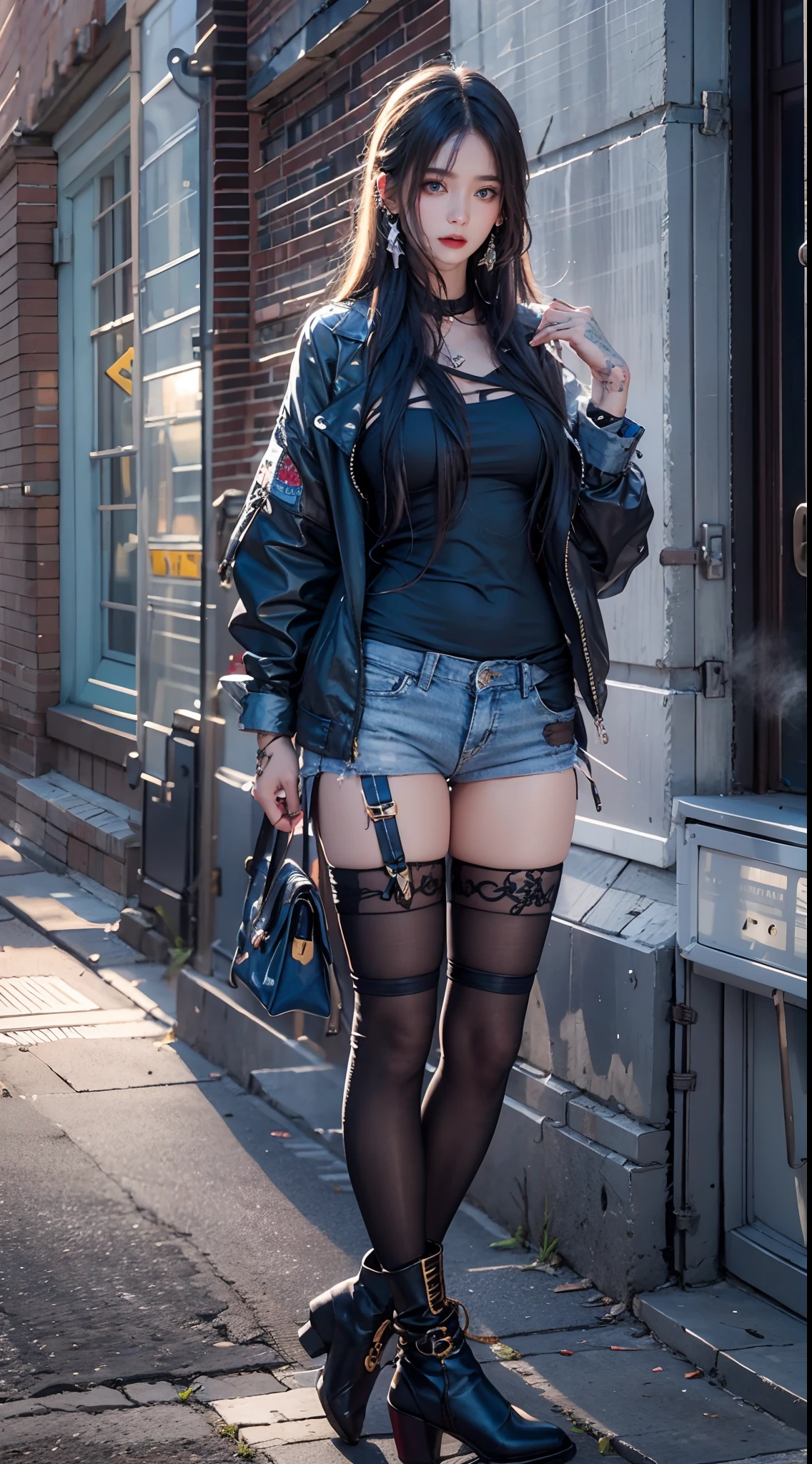 photorealistic, masterpiece, photorealistic, high resolution, soft light, hips up, blue eyes, black hair, long hair, street wear, stylist outfit, thigh highs, jewelry, tattoo