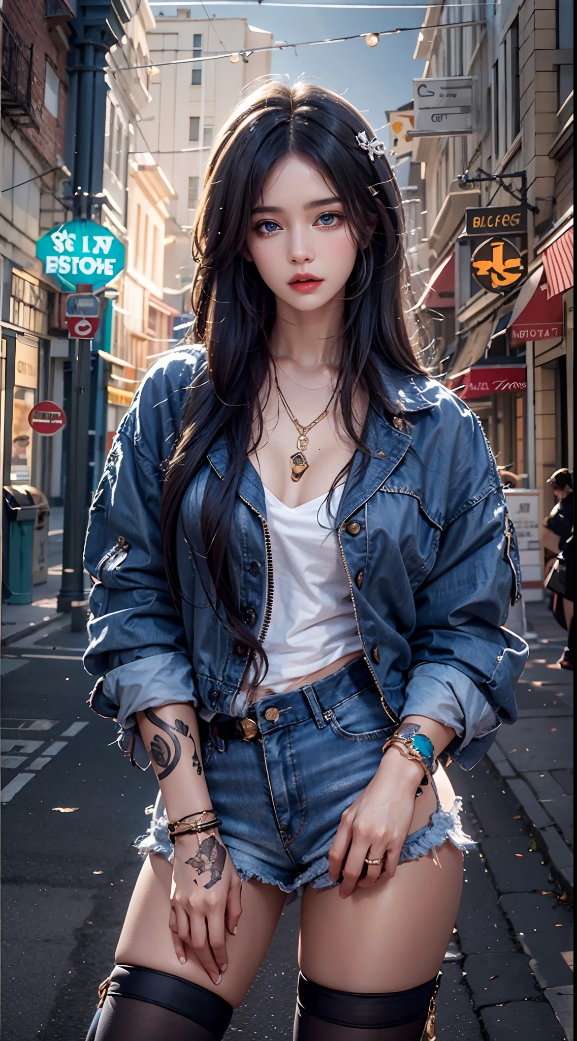 photorealistic, masterpiece, photorealistic, high resolution, soft light, hips up, blue eyes, black hair, long hair, street wear, stylist outfit, thigh highs, jewelry, tattoo