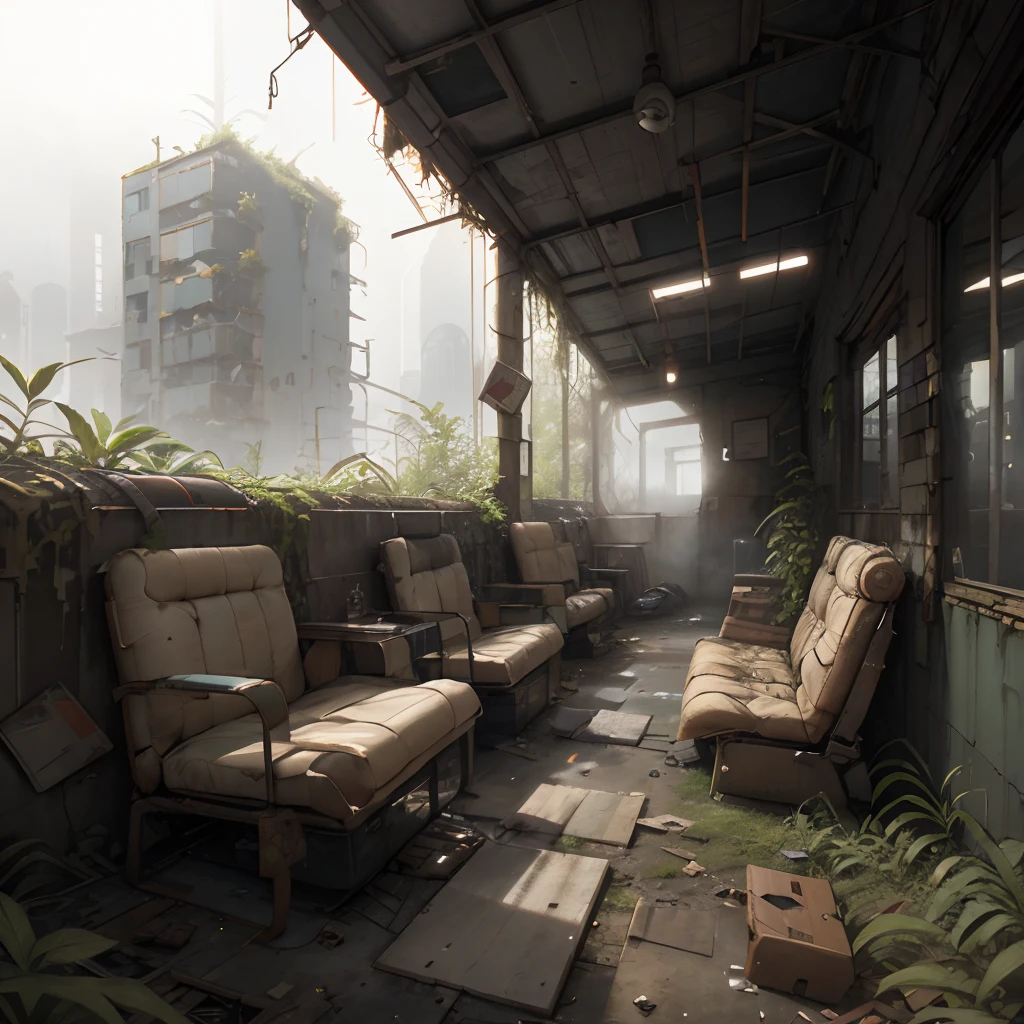 Shabby cyberpunk furniture，Set in the middle of overgrown weeds, A post-apocalyptic urban jungle, Natural reclamation, Overgrowth, resilience, Fusion, The beauty of decay, Recycled furniture, prime lens, Morning mist, 35mm focal length, Post-apocalyptic fusion