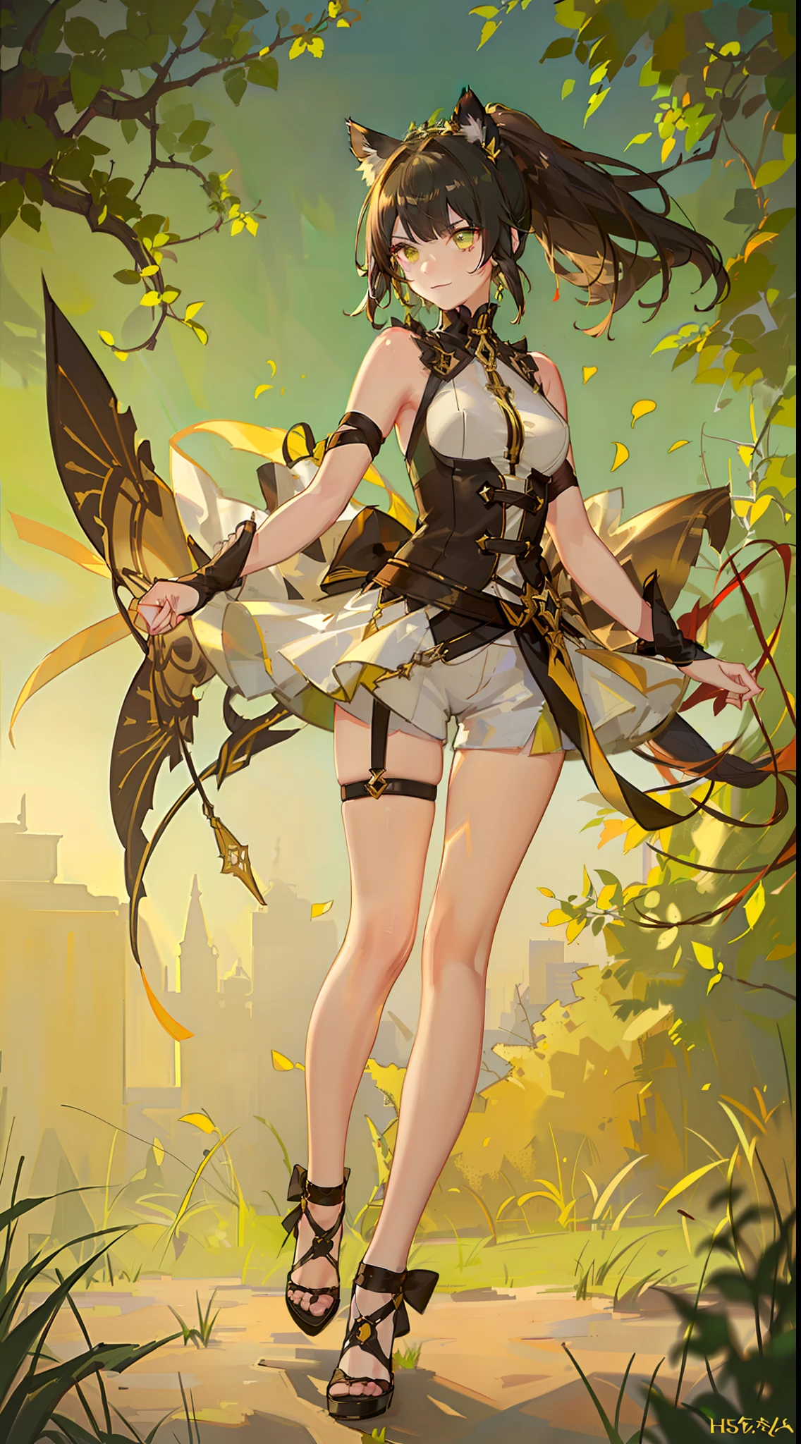 Young girl, short brown hair, high ponytail, heterochromya, green and yellow eyes, smile, cat ears, yellow tight sleeveless form, tight shorts, diadem, gold elements, She-Ra, Masterpiece, hiquality, 4k, HD, Good detail