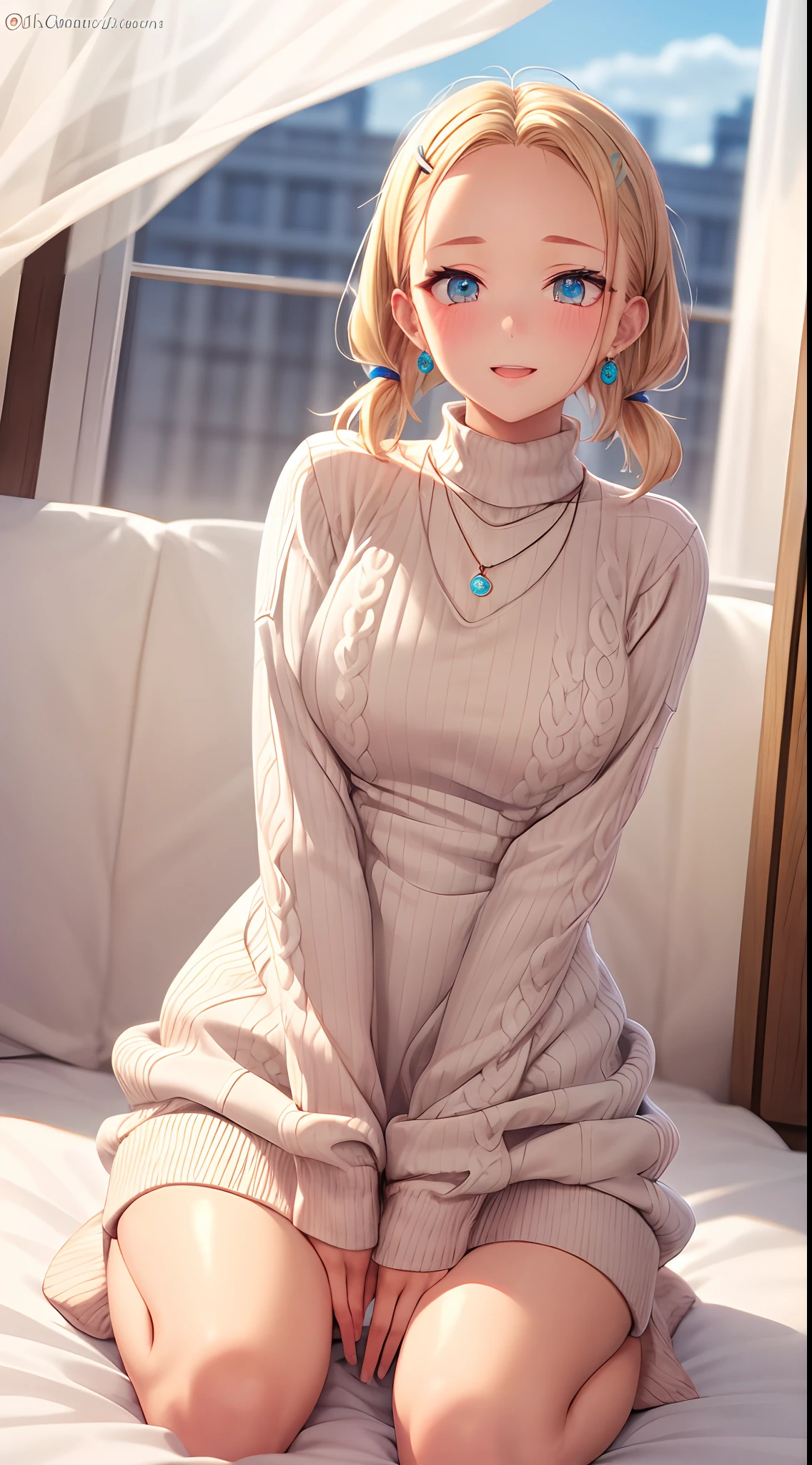 absurderes, ultra-detailliert,bright colour, extremely beautiful detailed anime face and eyes, view straight on, ;D, shiny_skin,25 years old, Short hair, (Forehead:1.3), Blonde hair with short twin tails, Shiny hair, Delicate beautiful face, red blush、(cyan eyes:1.1), White skin, hair clips, earrings, a necklace, (sweater dress:1.5), Beautiful cloud, Dusk sky,Full body