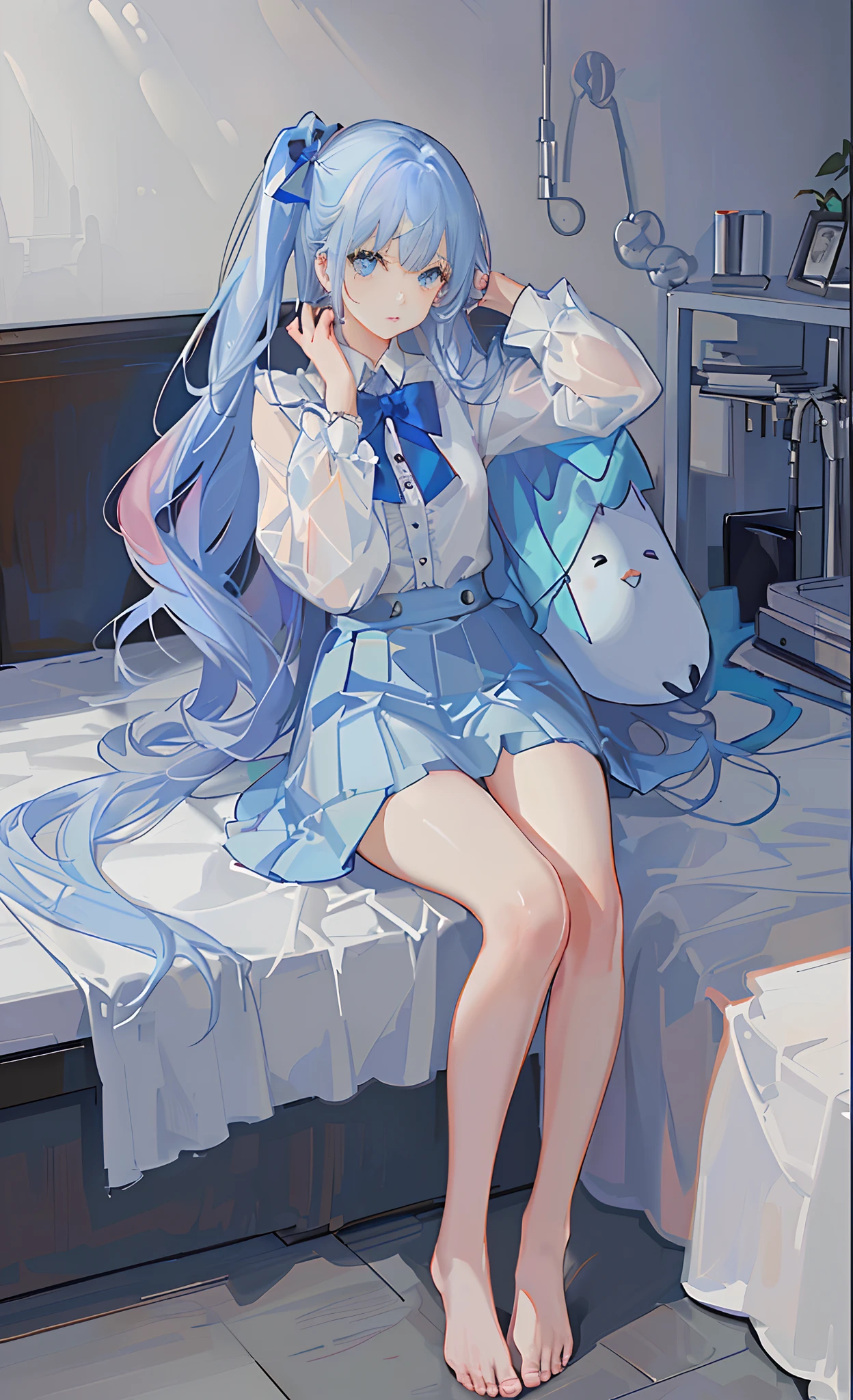 one-girl, Blue gradient clothes, white  skirt, White skin, naked leg, The barefoot, Blue and pink hair, long whitr hair, Bow knot, Big blue eyes, Delicate facial features，Messy room, book, a chair, desks, window, dolls, janelas, Anime style, Chiaroscuro, Cinematic lighting, color difference, hyper HD, ccurate, Super detail, High details, Best quality bare foot straps，Heel repair