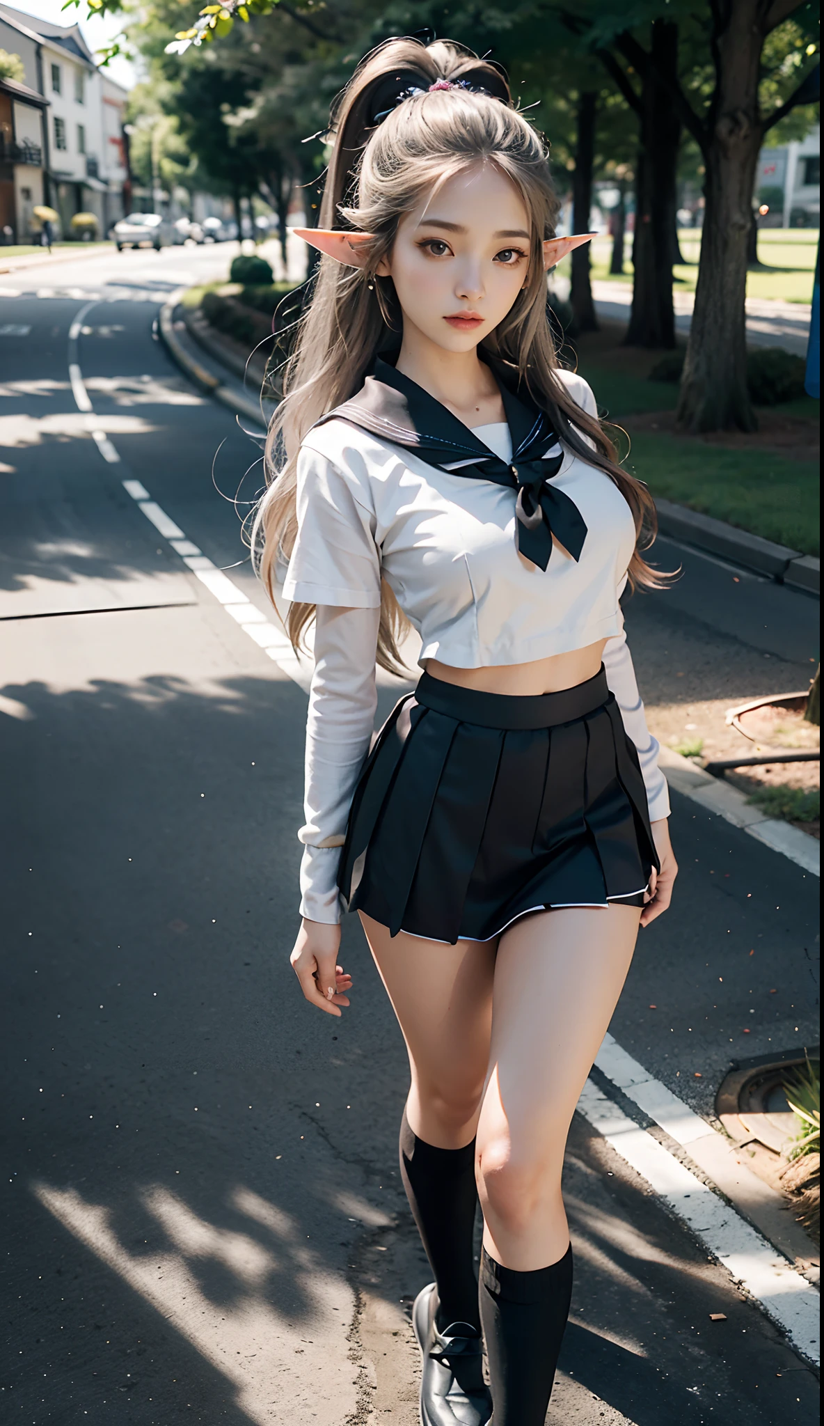 (Japanese-style school，the cherry trees：1. Mature elven beauty，standing on your feet，a sailor suit）， tmasterpiece， best qualtiy， RAW photogr， realisticlying， Incredibly Ridiculous res，Elf long ears， ear studs，hair pin， (Long flowing hair in silver and black：1.9)，eye shadows，(a sailor suit)，eardrop，foot ring，short  skirt，(Black sport socks)（Black half-knee socks)，(Loafer shoes)，two longer legs，depth of fields， A high resolution， ultra - detailed， filigree， RAWE is very detailed， very detailed eyes and faces， Sharp pupils， realistic pupil， tack sharp focus， cinmatic lighting，full bodyesbian，Bigboobs，long leges，From the front side，dynamicposes，Normal posture，closeup of face