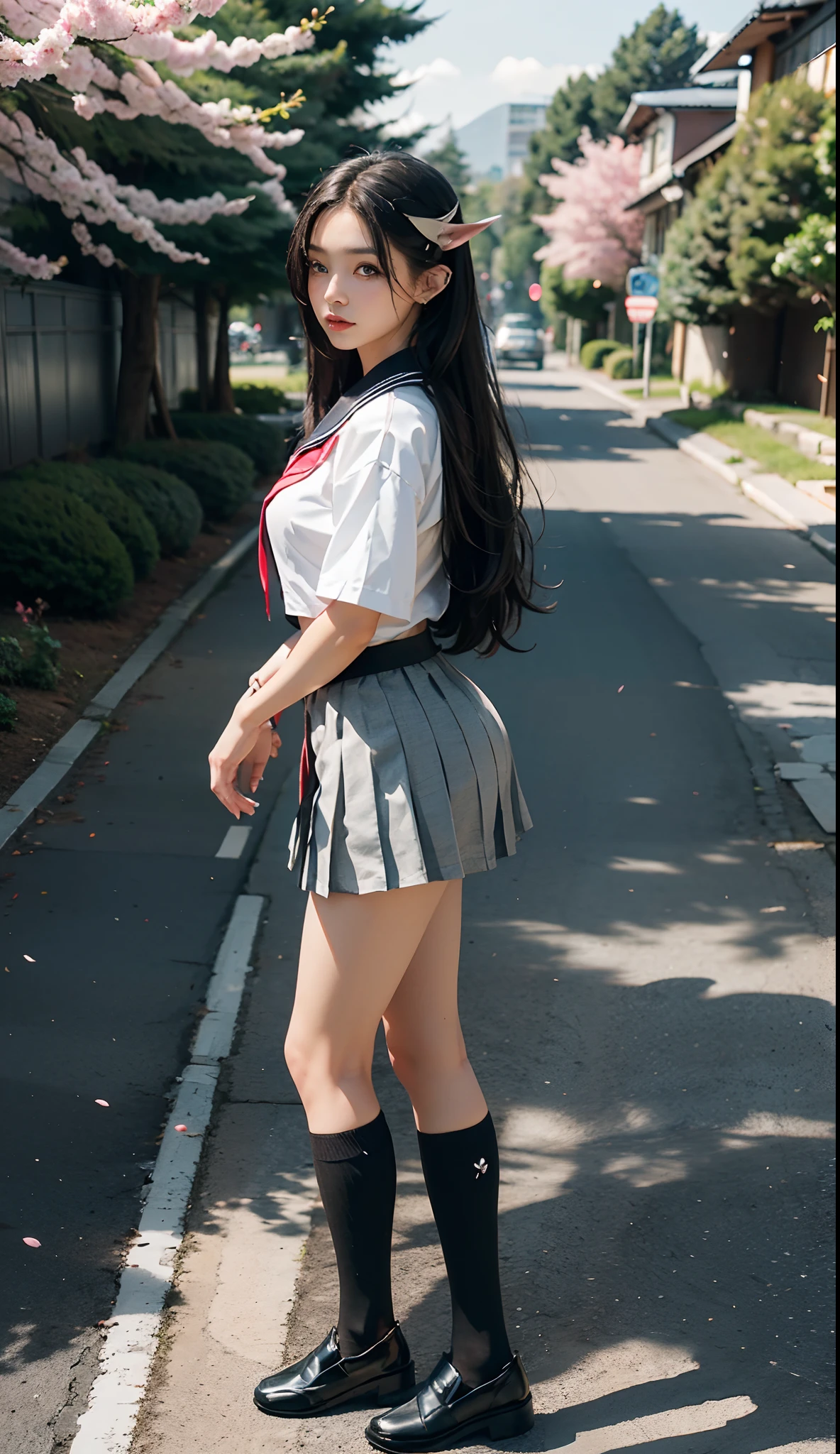 (Japanese-style school，the cherry trees：1. Mature elven beauty，standing on your feet，a sailor suit）， tmasterpiece， best qualtiy， RAW photogr， realisticlying， Incredibly Ridiculous res，Elf long ears， ear studs，hair pin， (Long flowing hair in silver and black：1.9)，eye shadows，(a sailor suit)，eardrop，foot ring，short  skirt，(Black sport socks)（Black half-knee socks)，(Loafer shoes)，two longer legs，depth of fields， A high resolution， ultra - detailed， filigree， RAWE is very detailed， very detailed eyes and faces， Sharp pupils， realistic pupil， tack sharp focus， cinmatic lighting，full bodyesbian，Bigboobs，long leges，From the front side，dynamicposes，Normal posture，closeup of face