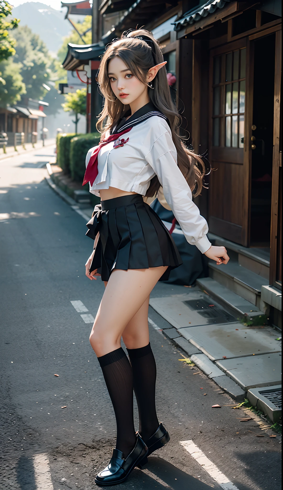 (Japanese-style school,the cherry trees:1. Mature elven beauty,standing on your feet,a sailor suit), tmasterpiece, best qualtiy, RAW photogr, realisticlying, Incredibly Ridiculous res,Elf long ears, ear studs,hair pin, (Long flowing hair in silver and black:1.9),eye shadows,(a sailor suit),eardrop,foot ring,short skirt,(Black sport socks)(Black half-knee socks),(Loafer shoes),two longer legs,depth of fields, A high resolution, ultra - detailed, filigree, RAWE is very detailed, very detailed eyes and faces, Sharp pupils, realistic pupil, tack sharp focus, cinmatic lighting,full bodyesbian,Bigboobs,long leges,From the front side,dynamicposes,Normal posture,closeup of face