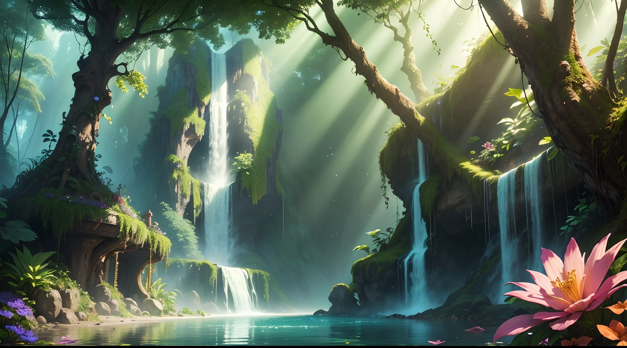 (beste-Qualit, 4k, 8k, highres, centerpiece: 1.2) ultra-detailed, (Realistic, photorealistic, photo-realistic: 1.37), an enchanting, magical and dreamy jungle a fantastic forest, landscape, artist concept, colorful, Enchanted, illumination, Vibrant lighting, Jungle Surrealism, beautiful greenery, ethereal fauna and flora, mythical creatures, hidden treasures, whimsical atmosphere, mysterious mist, floating islands, sparkling waterfalls, golden sunlight filtering through trees, lush vines and foliage, exotic birds with vibrant feathers, emerald river flowing through the jungle, ancient ruins covered with moss, decorative totems and statues, stunning jungle views from a cliff, spotted light creating patterns on the forest floor, surrealist flowers and plants in colors against nature, fantastic creatures melting into the environment, sunrays piercing through the thick canopy, A tropical paradise with pools and crystal clear waterfalls, peaceful serenity in the midst of vibrant chaos, Secret paths to hidden wonders.