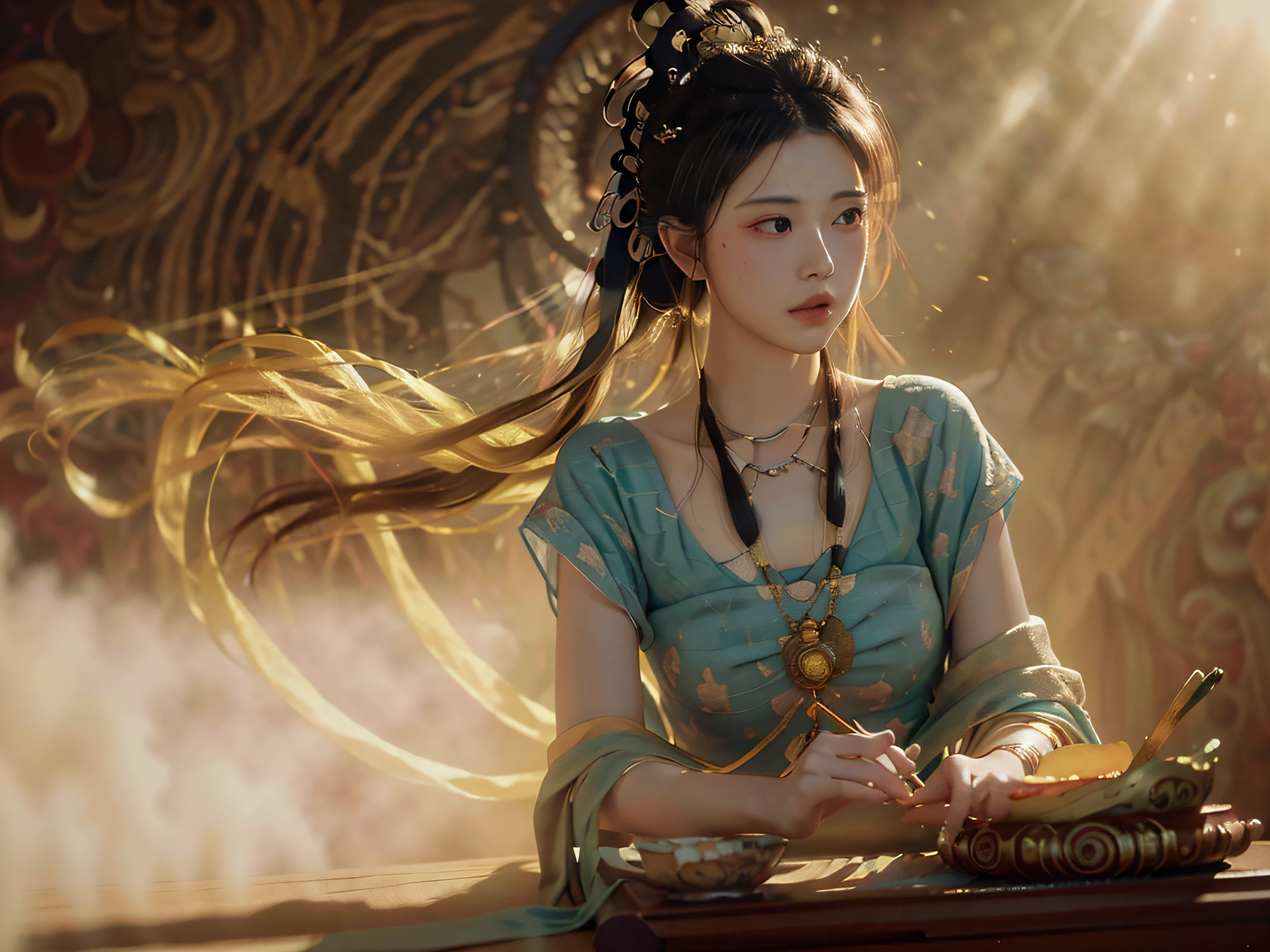 (RAW photo, best quality), (realistic, photo-realistic:1.3),best quality,highly detailed,masterpiece,ultra-detailed,illustration,1girl,upper_body,dynamic angle,world masterpiece theater,messy_long_hair,best quality,extremely detailed CG unity 8k wallpaper,ink,Amazing,cinematic lighting,lens_flare, dunhuang_style