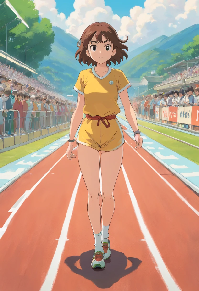 A woman stands at the starting line of a track, Prepare for the sprint. This shows that she has a strong ability to execute,And ready to act.