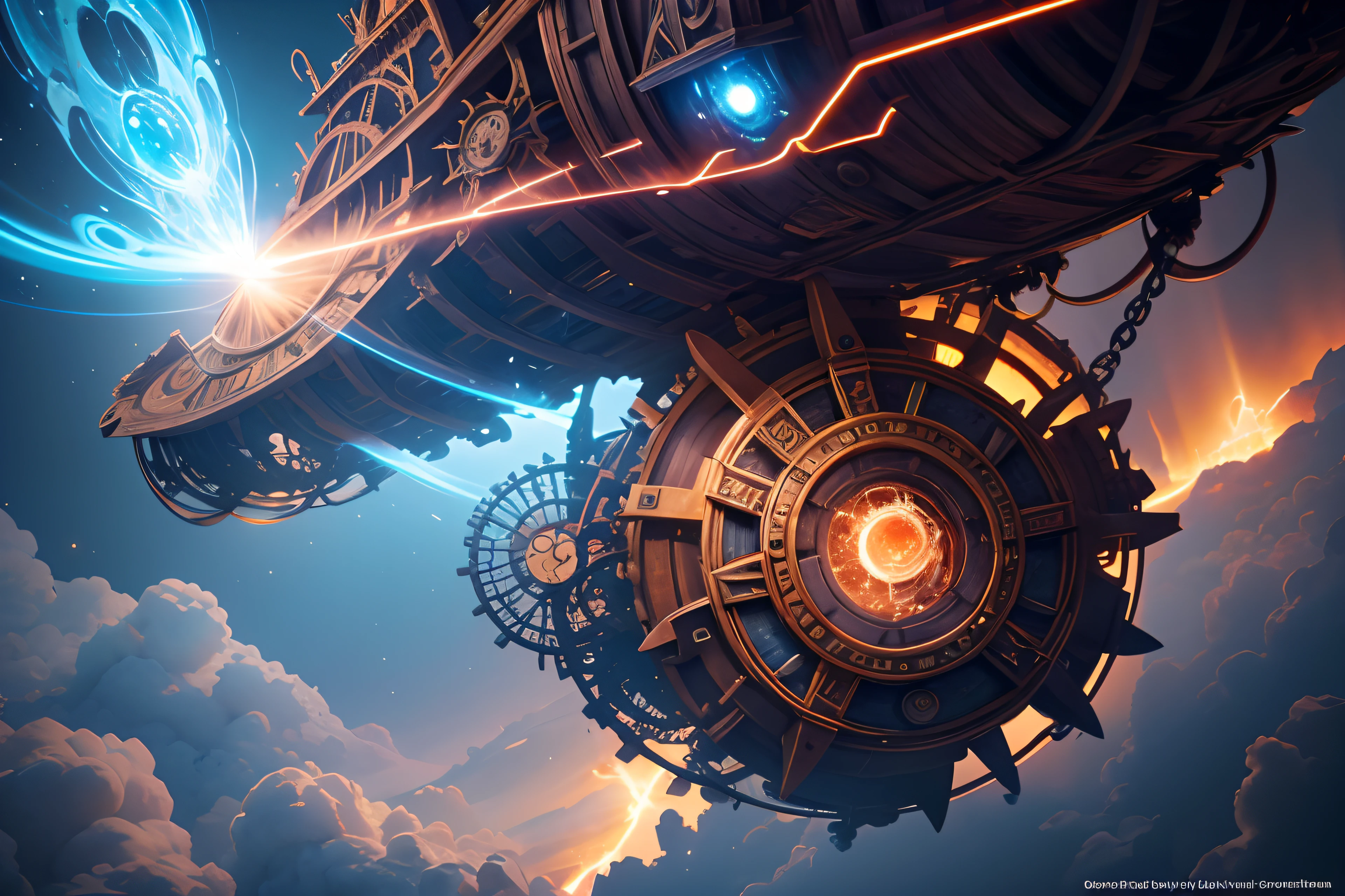 A very dynamic scene. A million years ago. fantasy world. Giant vintage rusty gear flies through time and space. The wheel of fate and new life. Very close-up. a lot of details. view from bottom. Flying through the clouds, sparks, Blue Flame. super realistic. Cinematic. Blurred background in motion. Light haze