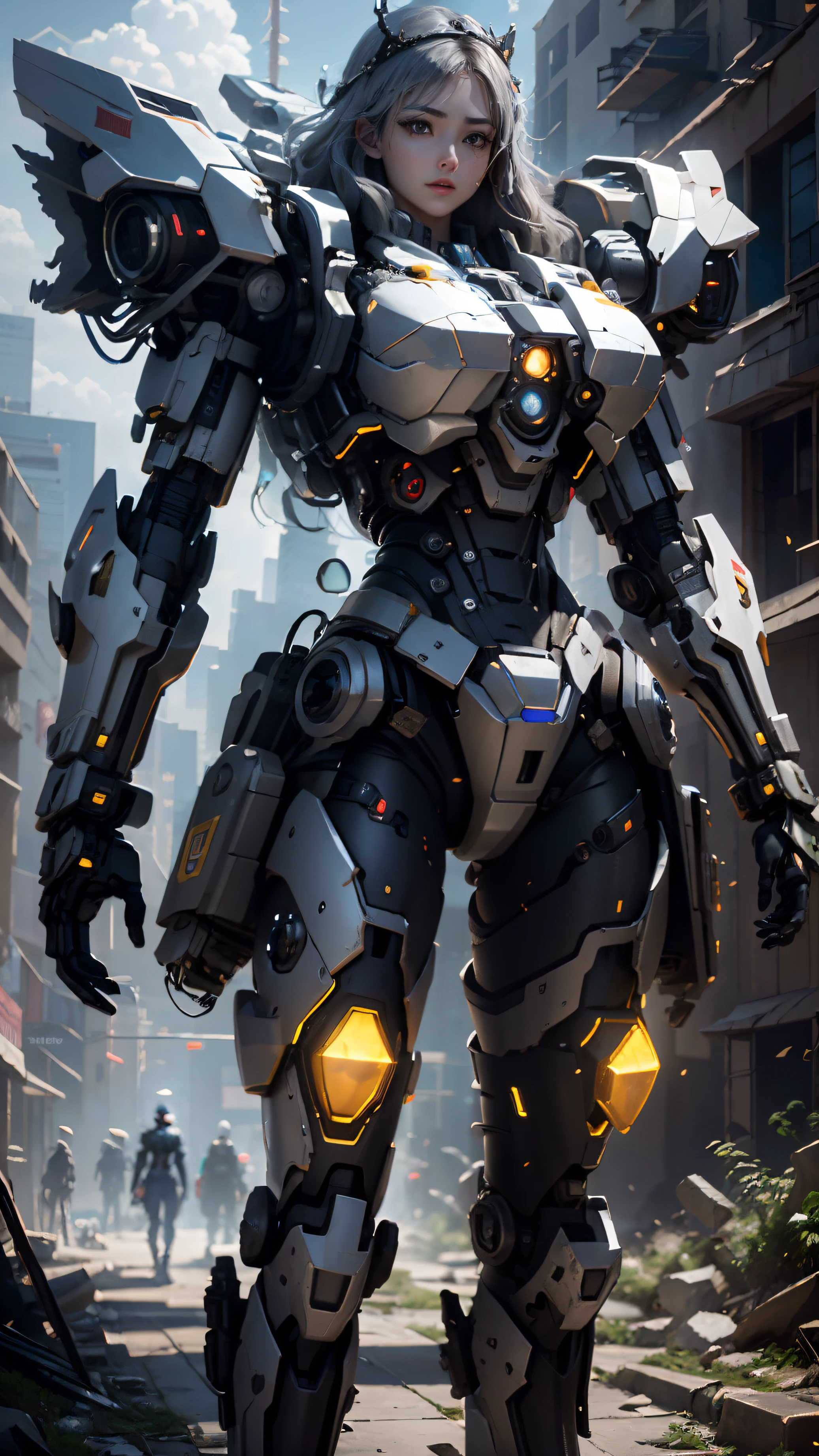(xmech robot:1),(chemical plant:1.2),cyborg,long cape,Steel gray Smoke Gray,body-tight suit,slotted skirt,slender,thigh-high boots,full-length shot,masterpiece,8k,highest details,intricate,quillings,pauldrons,gloves,<lora:allymech:0.7>,muscular,fighting posture,industrial,greasy,sci-fi,futuristic,