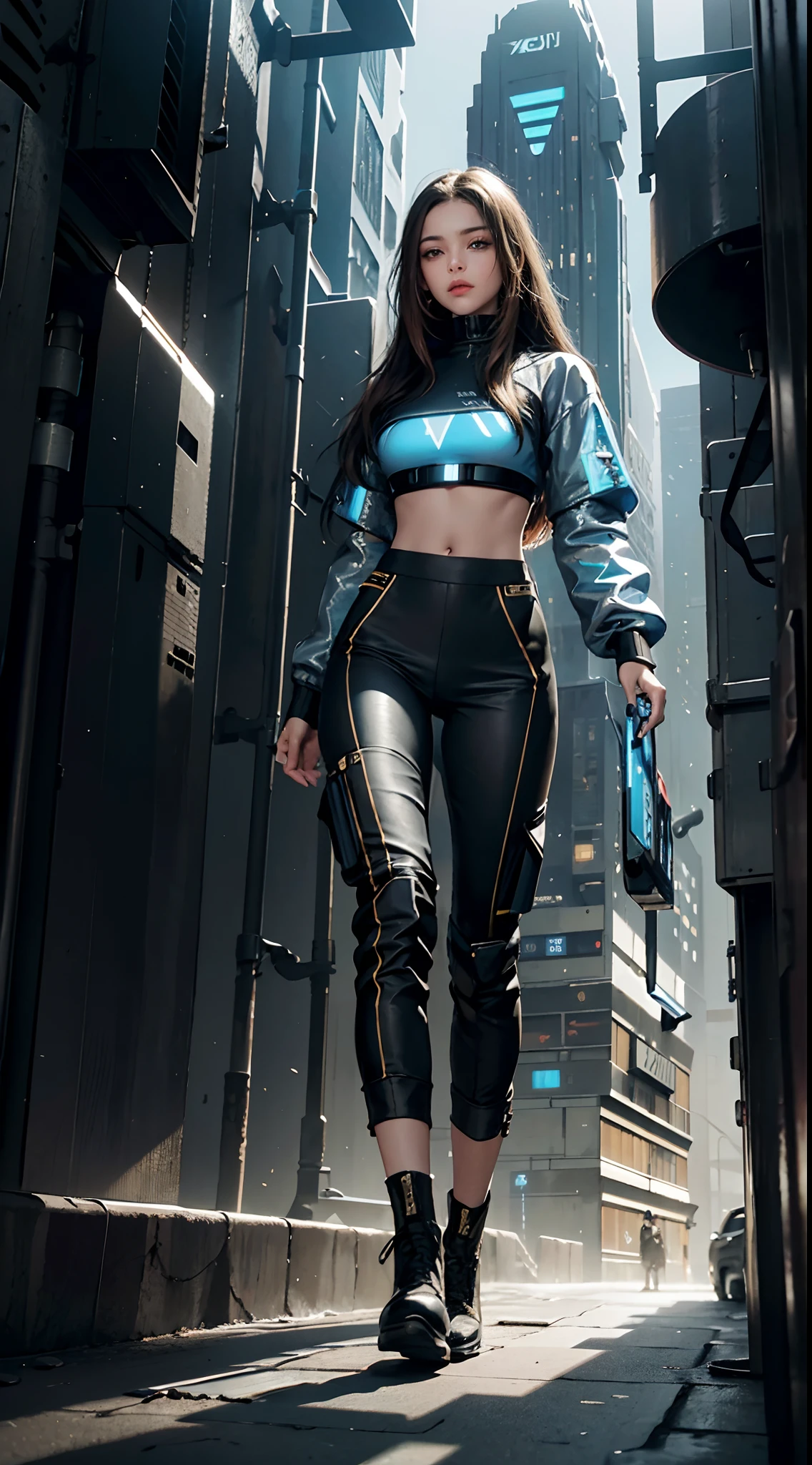 realistic, (masterpiece, top quality, best quality, official art, beautiful and aesthetic:1.2), extremely detailed,fractal art,colorful,highest detailed,zentangle, (1Character:1.3), Beautiful woman , very long hair , dark brown hair , gold eyes , lean body , yellow under hair , age 26, Black turtleneck, puffy sleeves , crop top ,black cargo pants , black boots , light blue accents, techwear, high fashion , city wear , hoodie , ,((futuristic city background:1.4))