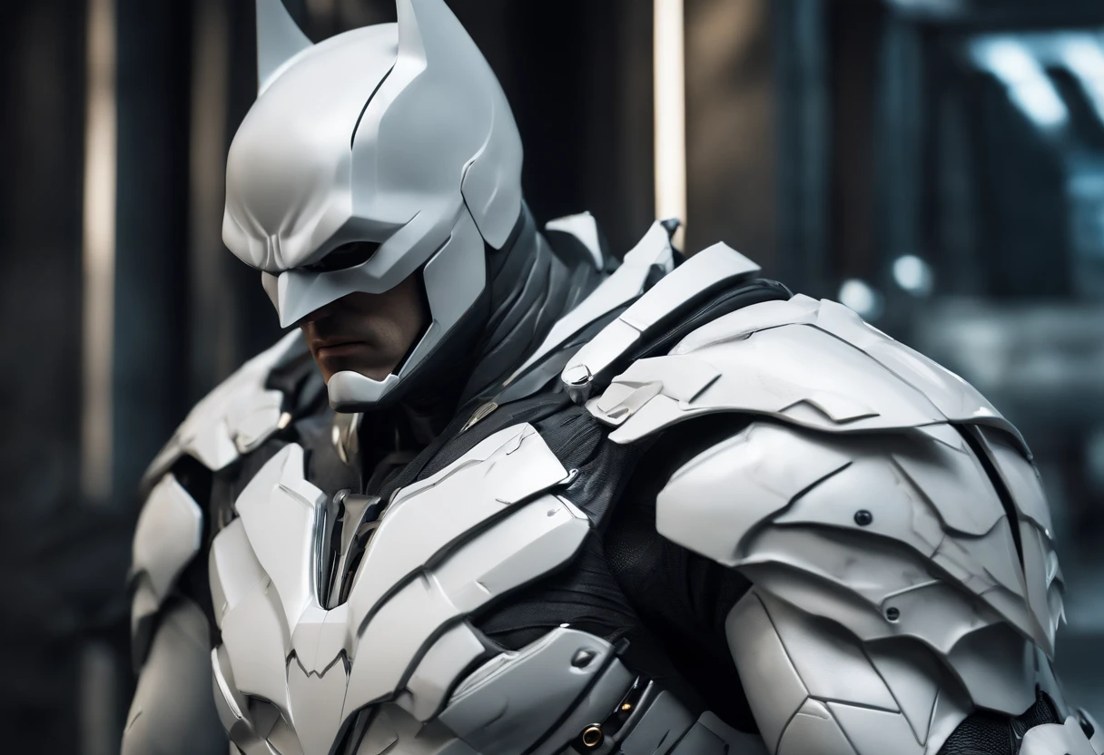 A realistic white batman in a titanium cybernetic suit, detalhado, designe perfeito, alta qualidade arestas perfeitas e simetricas ::n_desenho de estilo, Low-quality imperfection, boneco, game, anime