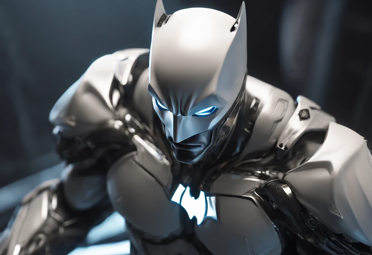 A realistic white batman in a titanium cybernetic suit, detalhado, designe perfeito, alta qualidade arestas perfeitas e simetricas  ::n_desenho de estilo, Low-quality imperfection, boneco, game, anime