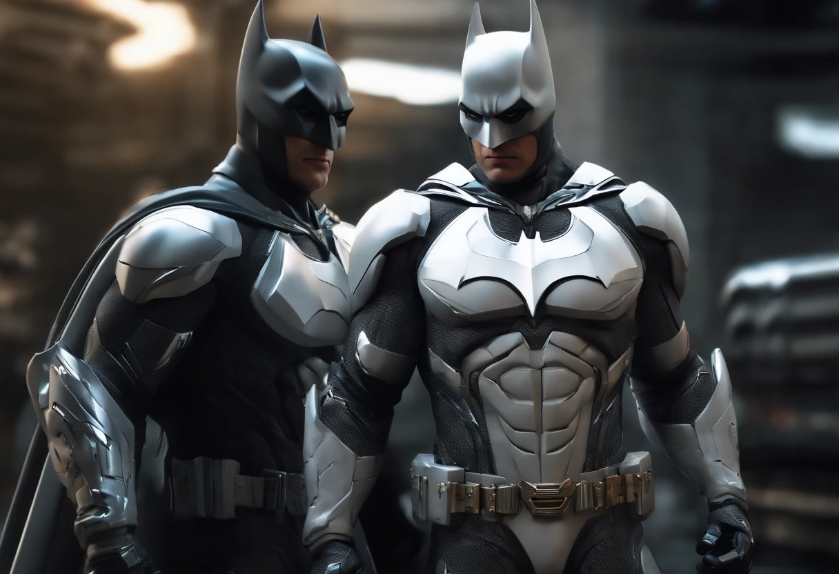 A realistic white batman in a titanium cybernetic suit, detalhado, designe perfeito, alta qualidade arestas perfeitas e simetricas  ::n_desenho de estilo, Low-quality imperfection, boneco, game, anime